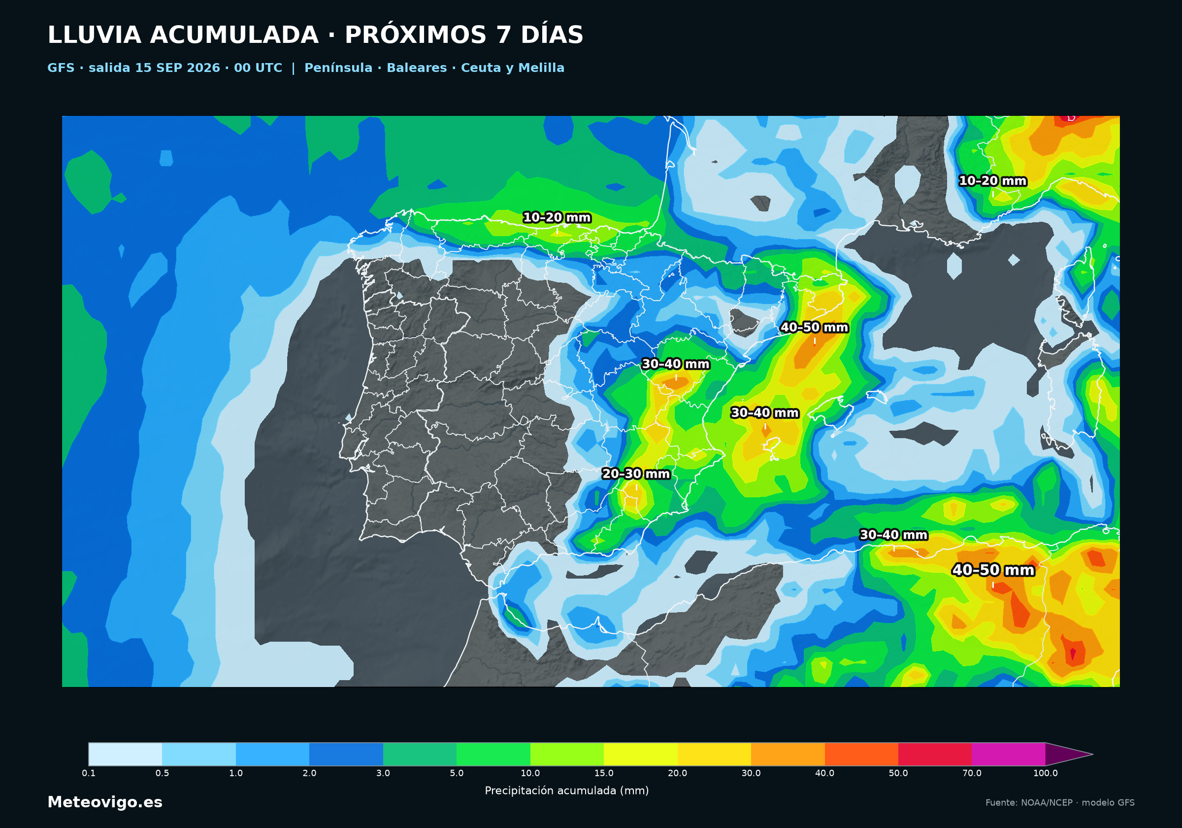 Mapa GFS de lluvias acumuladas durante los próximos siete días en la Península, Baleares, Ceuta y Melilla