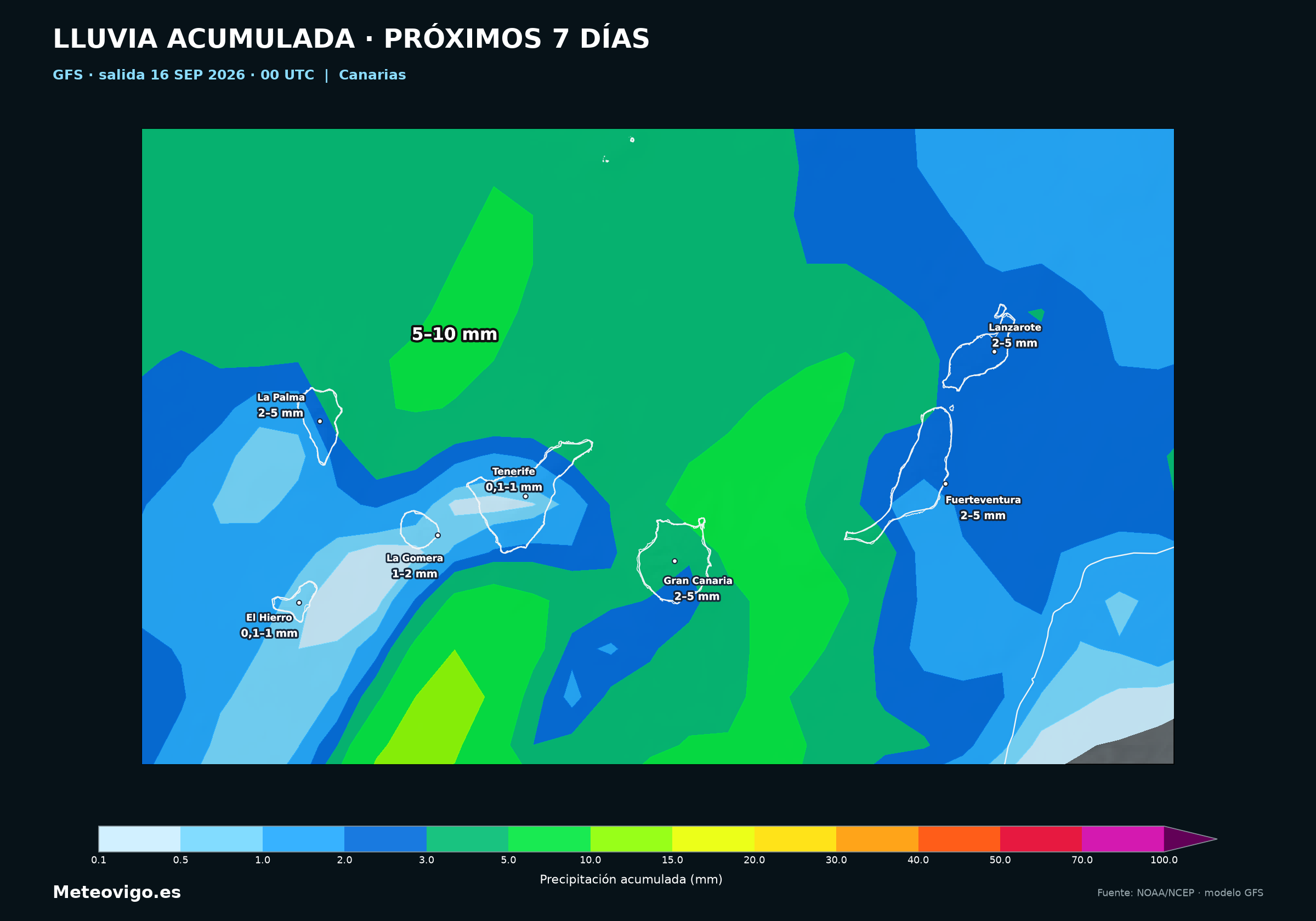 Mapa GFS de lluvias acumuladas durante los próximos siete días en Canarias