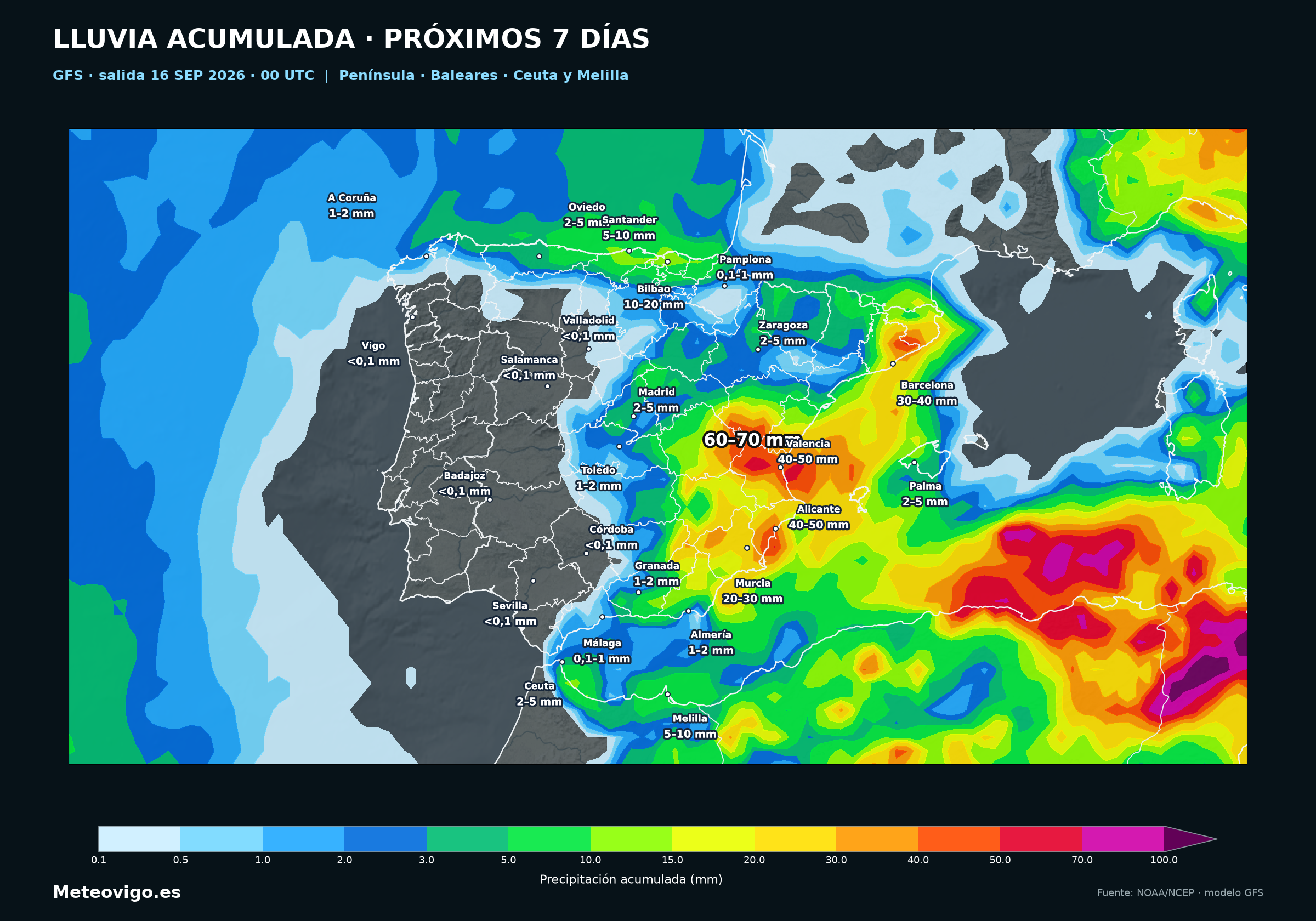 Mapa GFS de lluvias acumuladas durante los próximos siete días en la Península, Baleares, Ceuta y Melilla