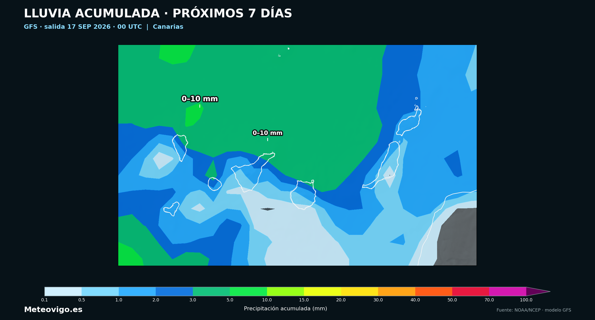 Mapa GFS de lluvias acumuladas durante los próximos siete días en Canarias