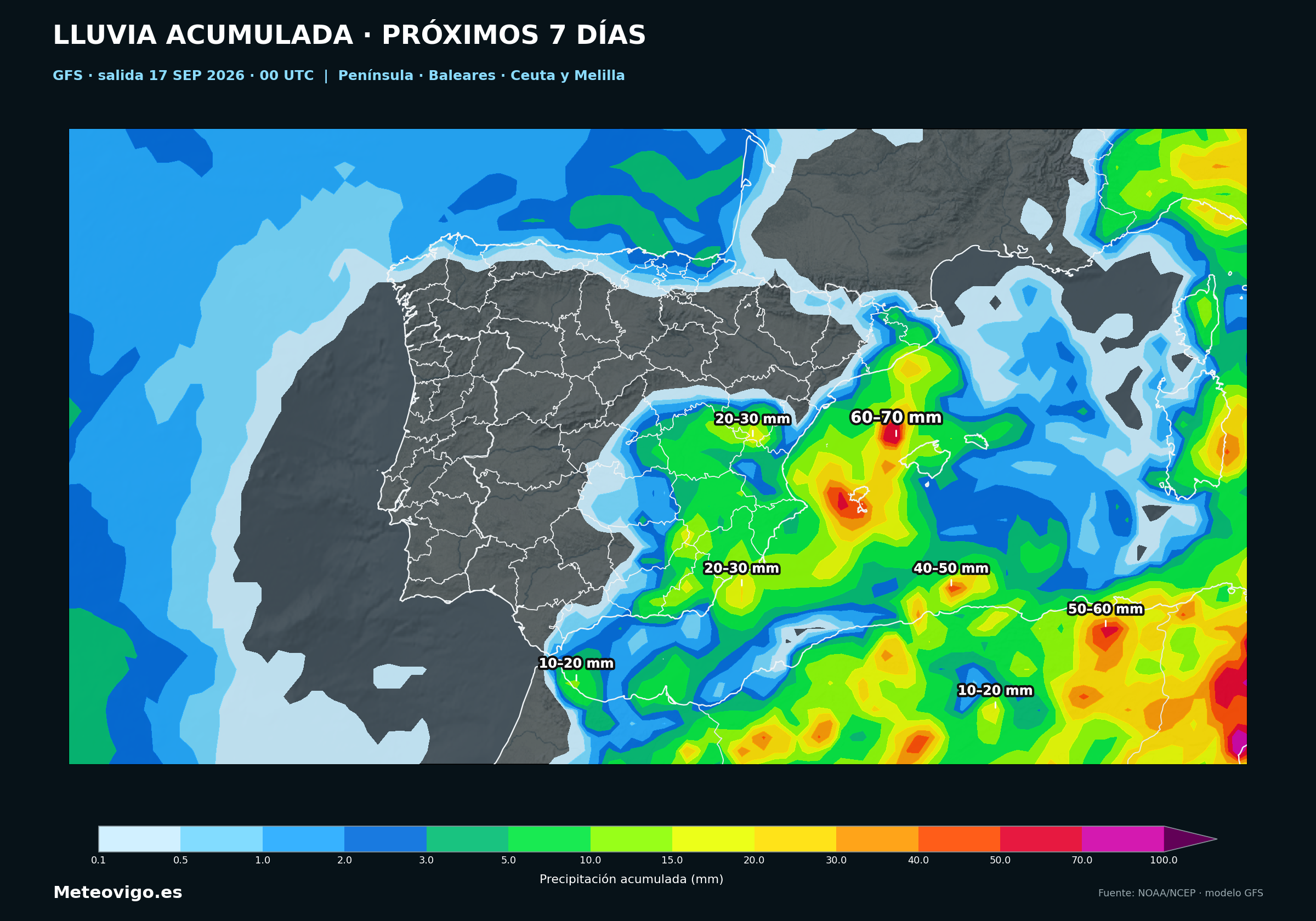 Mapa GFS de lluvias acumuladas durante los próximos siete días en la Península, Baleares, Ceuta y Melilla