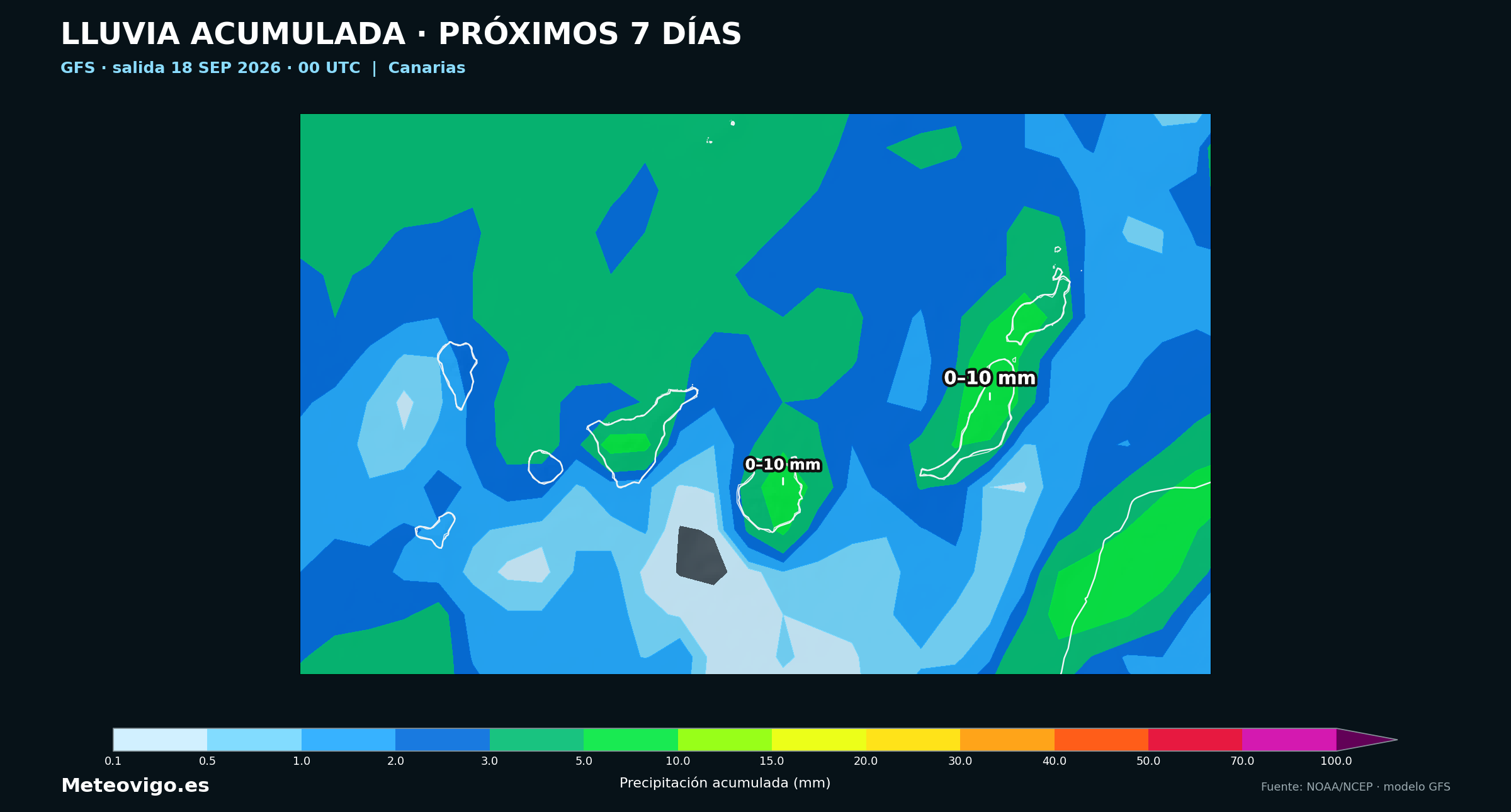 Mapa GFS de lluvias acumuladas durante los próximos siete días en Canarias