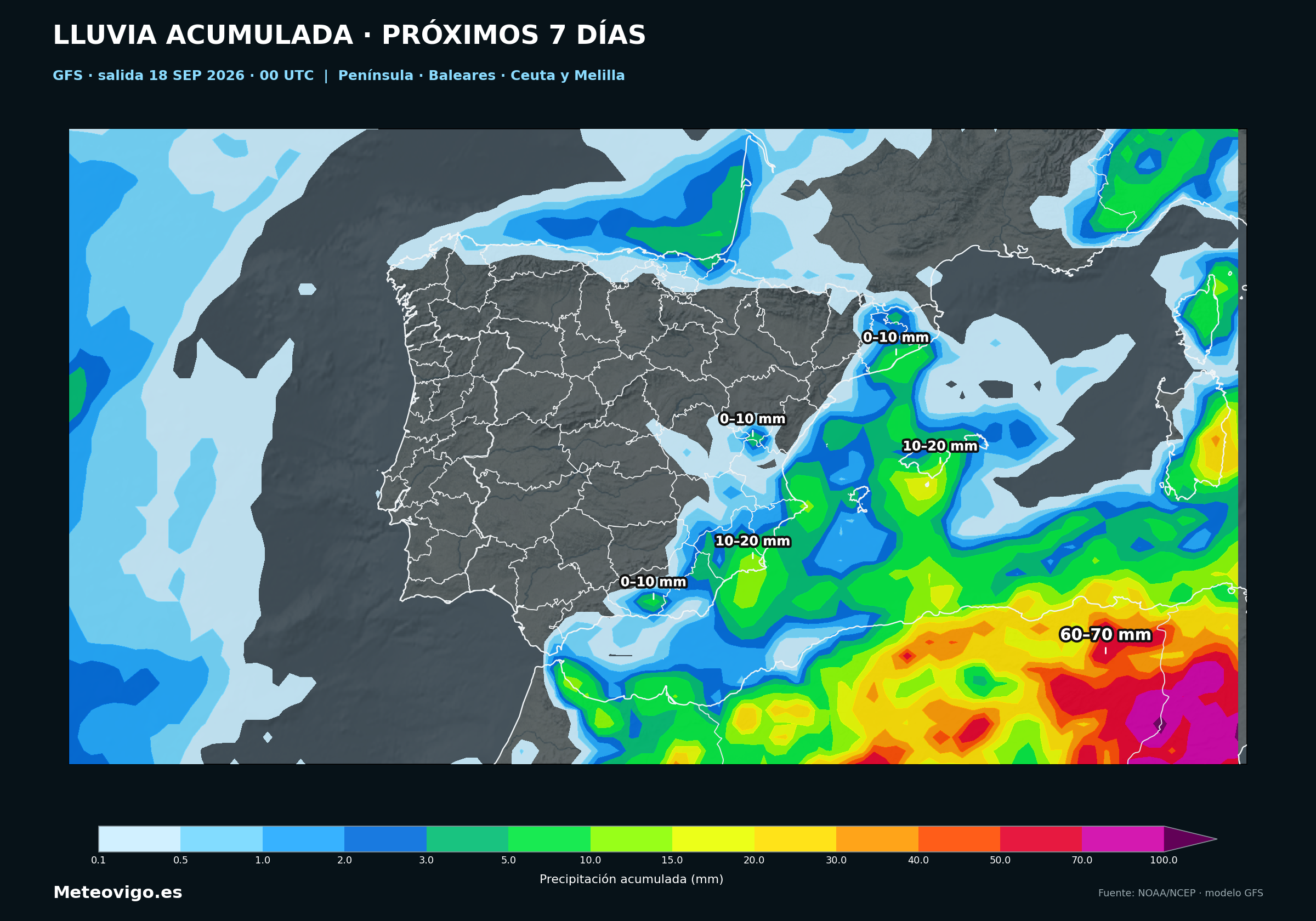 Mapa GFS de lluvias acumuladas durante los próximos siete días en la Península, Baleares, Ceuta y Melilla