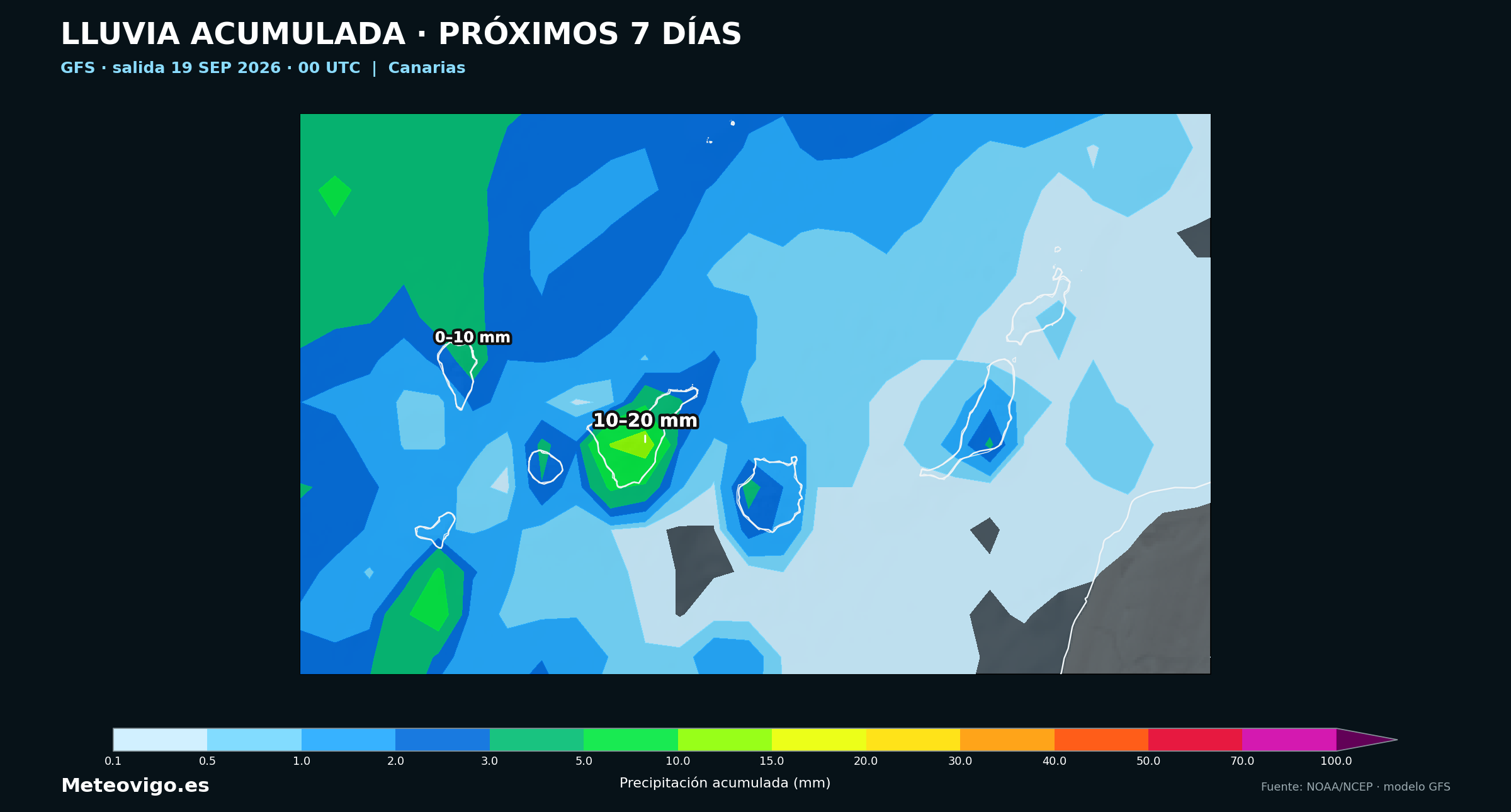 Mapa GFS de la salida de las 00 UTC con las lluvias acumuladas durante los pr&oacute;ximos siete d&iacute;as en Canarias