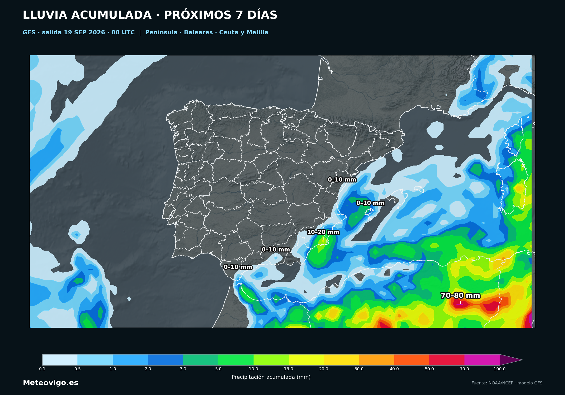 Mapa GFS de la salida de las 00 UTC con las lluvias acumuladas durante los pr&oacute;ximos siete d&iacute;as en la Pen&iacute;nsula, Baleares, Ceuta y Melilla