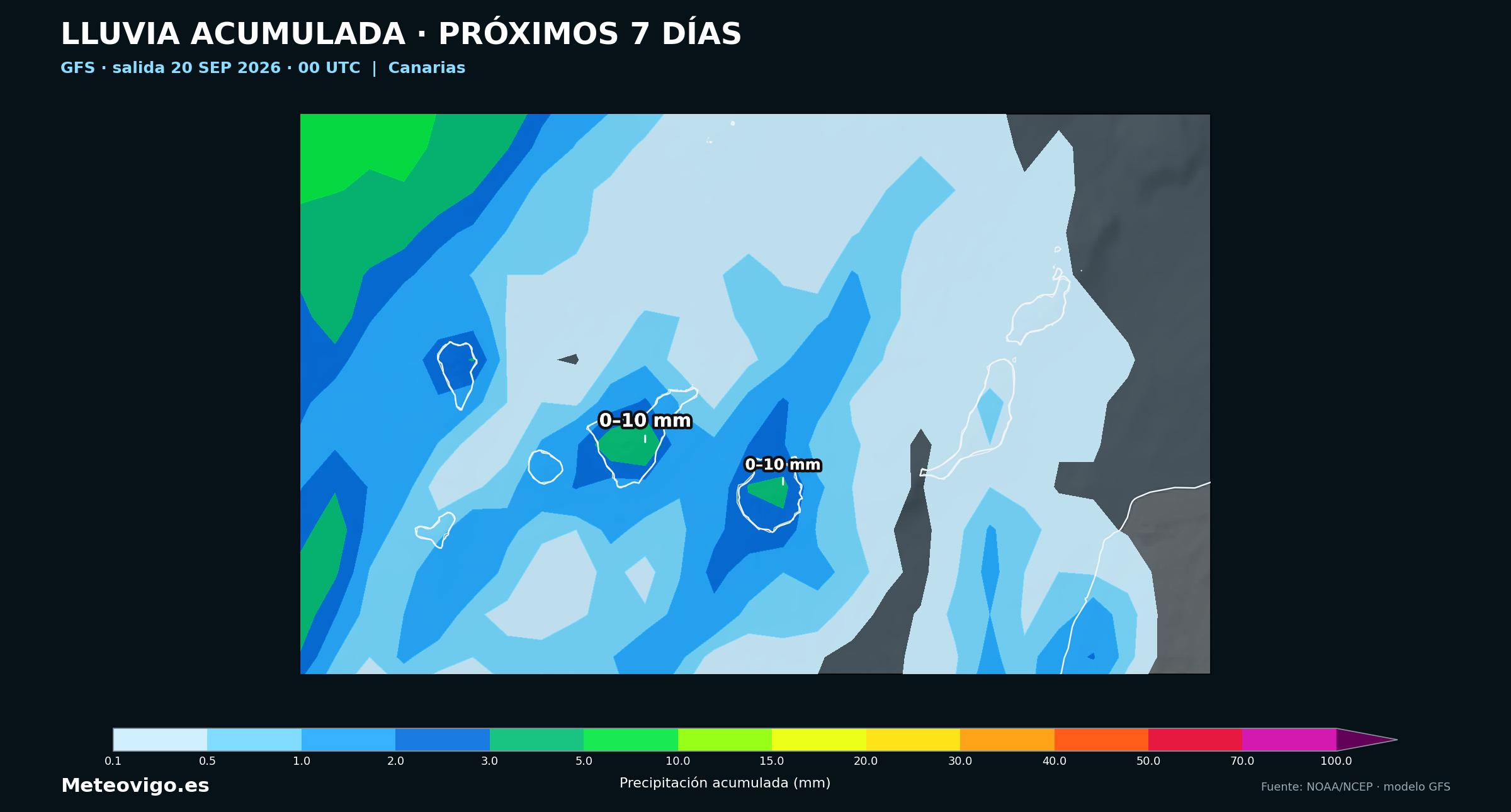 Mapa GFS de la salida de las 00 UTC con las lluvias acumuladas durante los próximos siete días en Canarias
