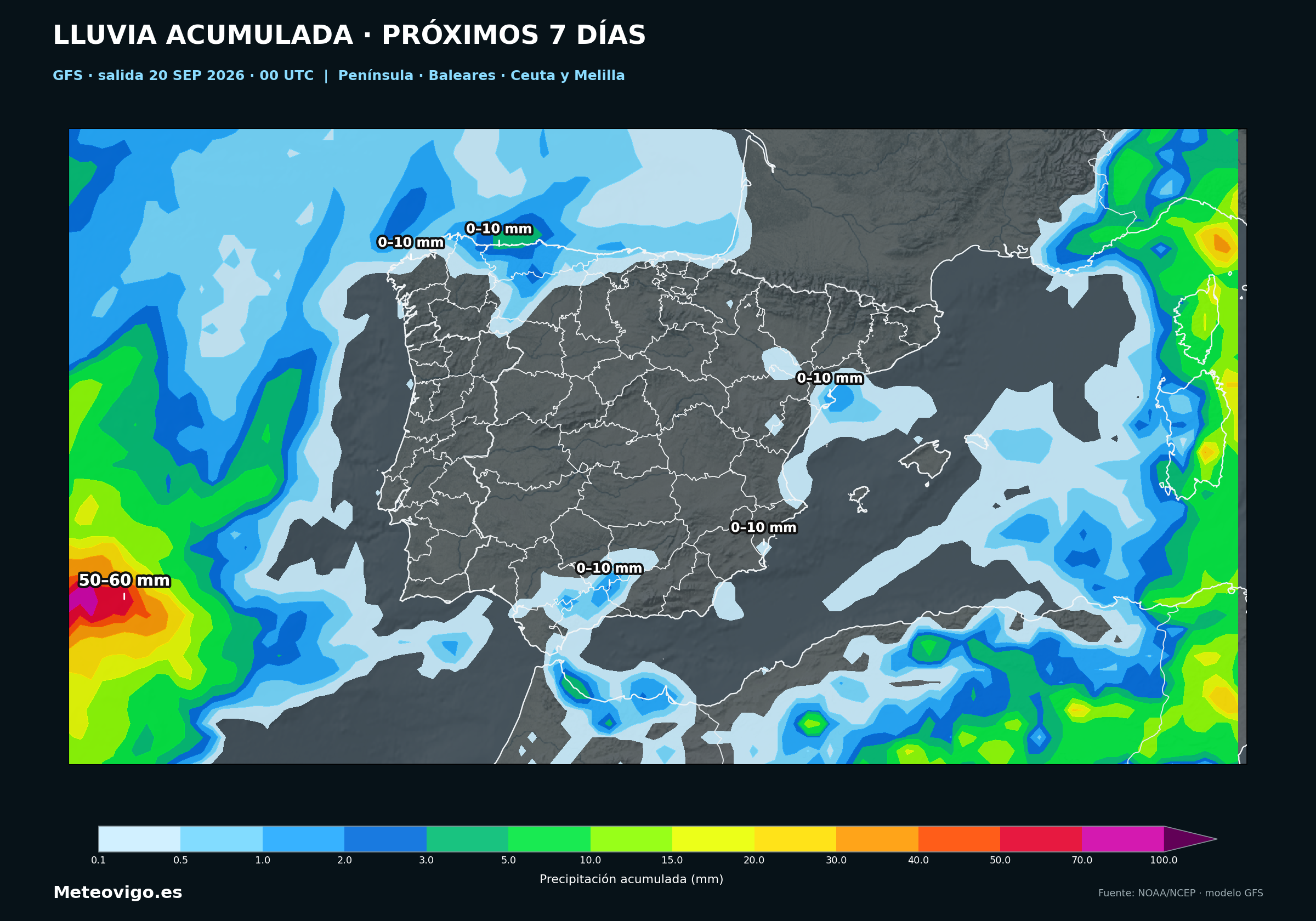 Mapa GFS de la salida de las 00 UTC con las lluvias acumuladas durante los próximos siete días en la Península, Baleares, Ceuta y Melilla