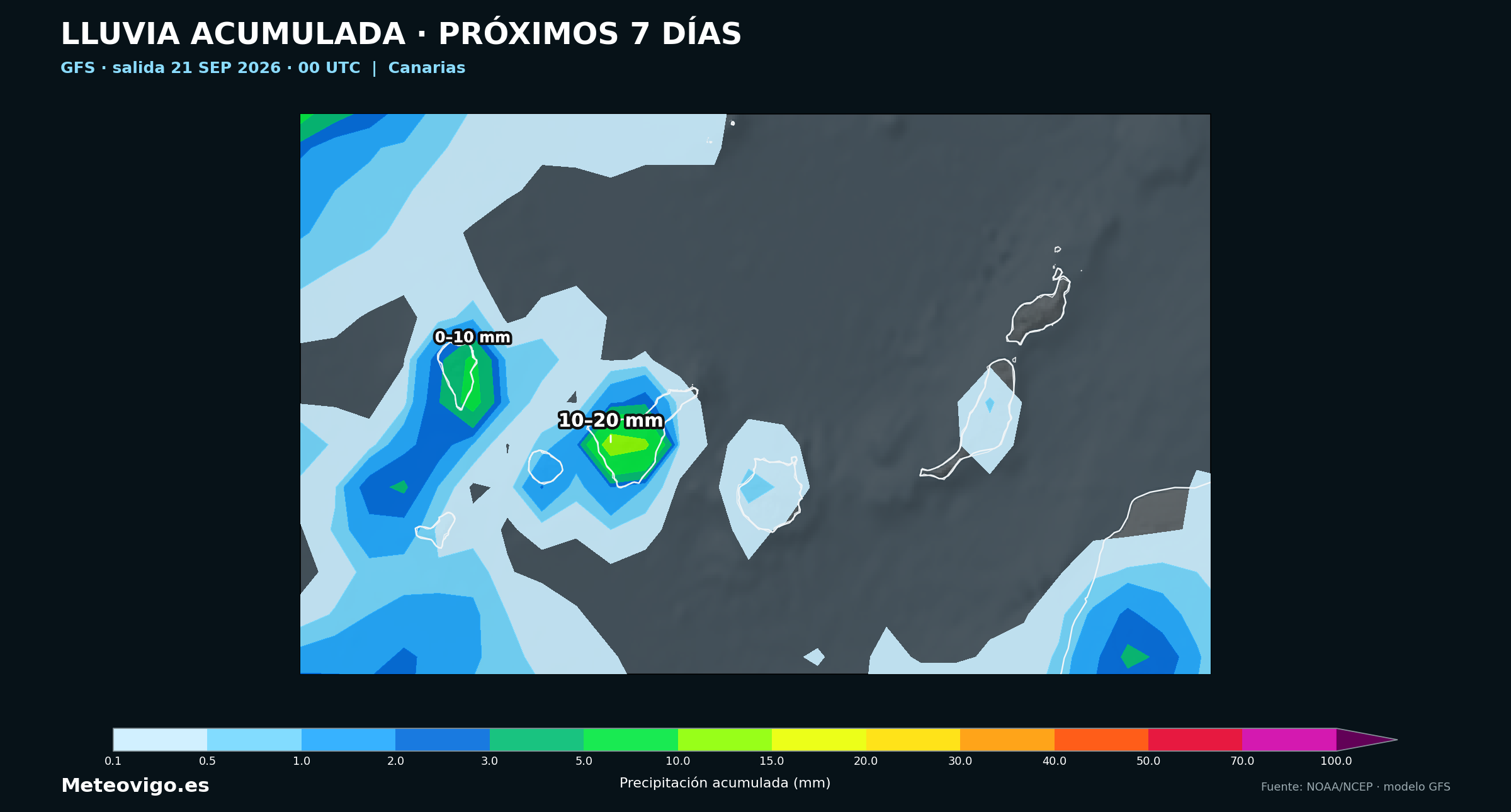 Mapa GFS de la salida de las 00 UTC con las lluvias acumuladas durante los próximos siete días en Canarias
