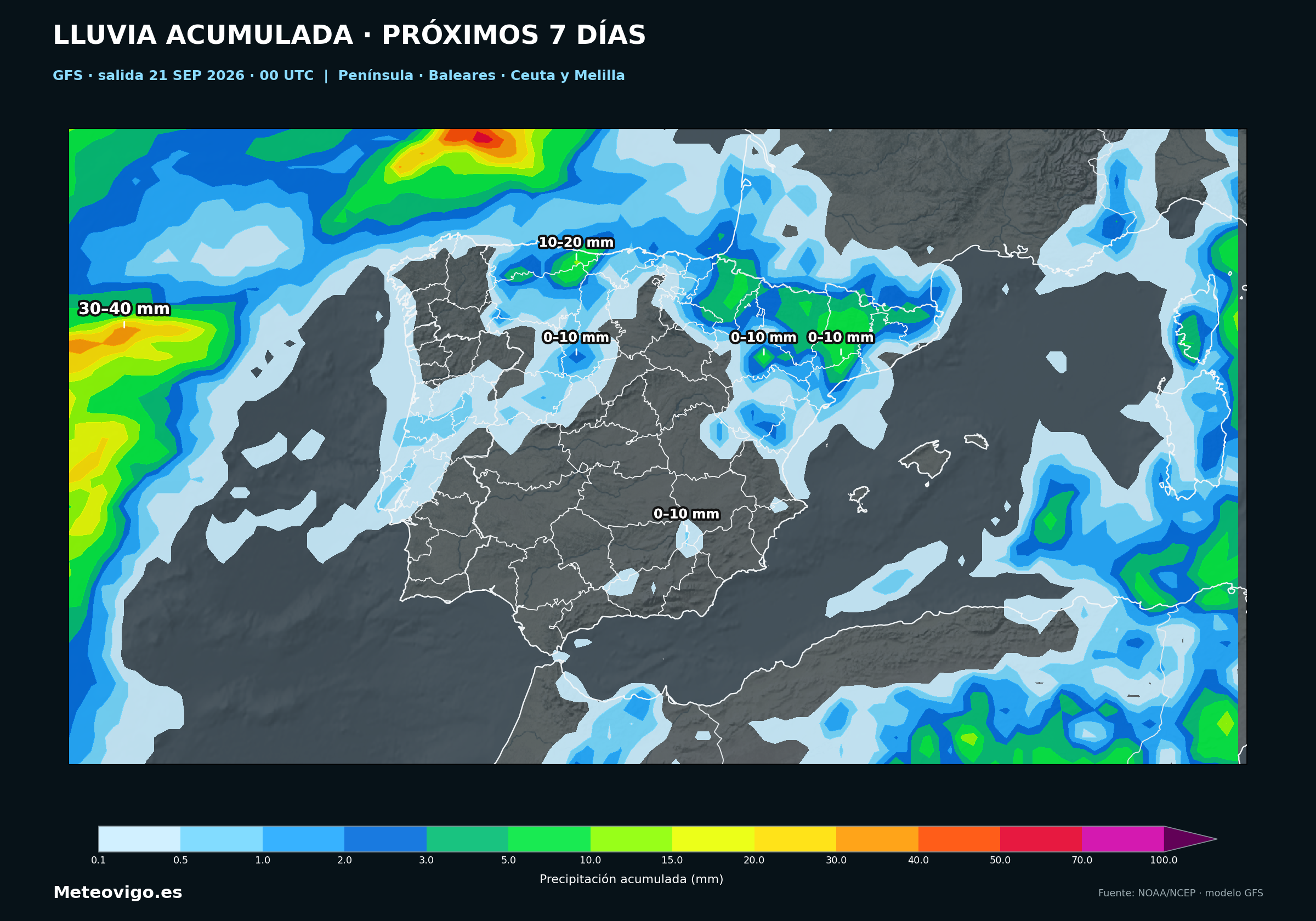 Mapa GFS de la salida de las 00 UTC con las lluvias acumuladas durante los próximos siete días en la Península, Baleares, Ceuta y Melilla