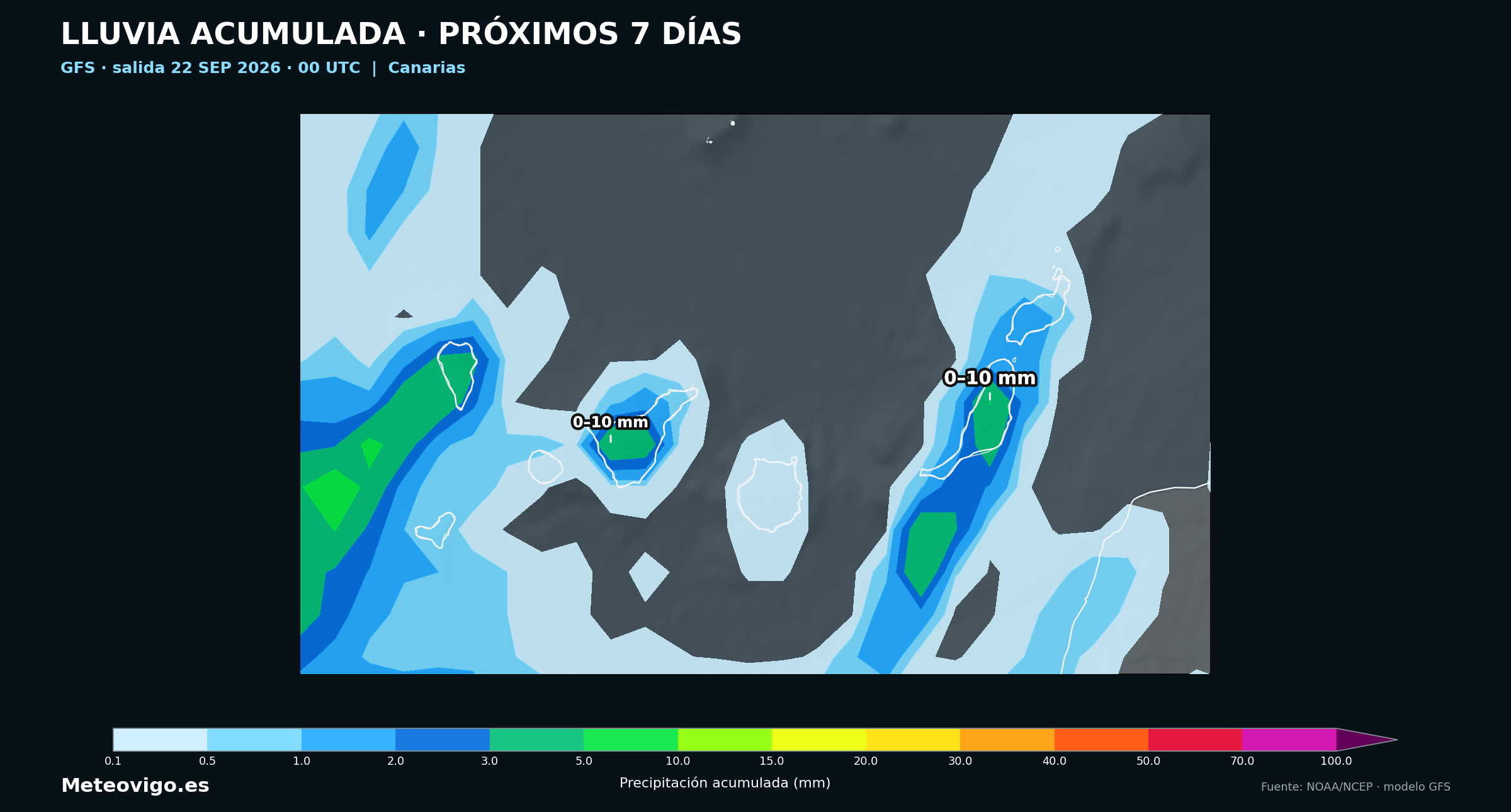 Mapa GFS de la salida de las 00 UTC con las lluvias acumuladas durante los próximos siete días en Canarias