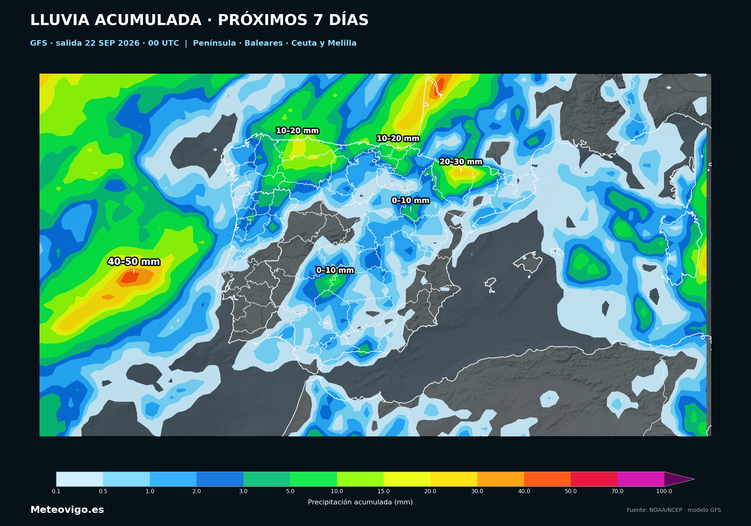 Mapa GFS de la salida de las 00 UTC con las lluvias acumuladas durante los próximos siete días en la Península, Baleares, Ceuta y Melilla