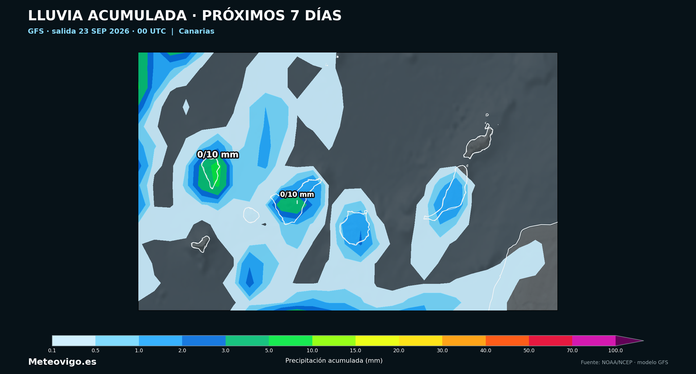 Mapa GFS de la salida de las 00 UTC con las lluvias acumuladas durante los próximos siete días en Canarias