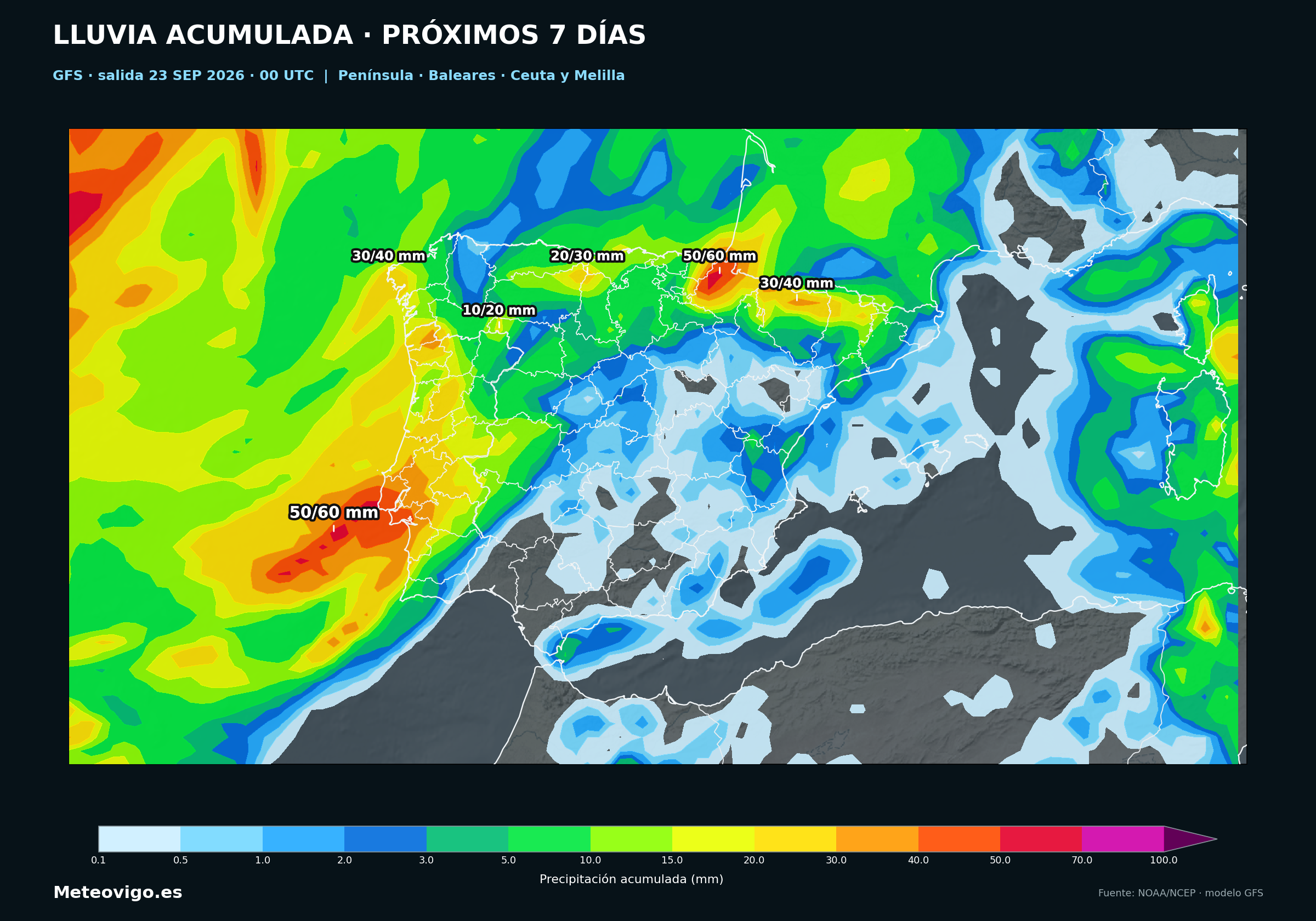Mapa GFS de la salida de las 00 UTC con las lluvias acumuladas durante los próximos siete días en la Península, Baleares, Ceuta y Melilla