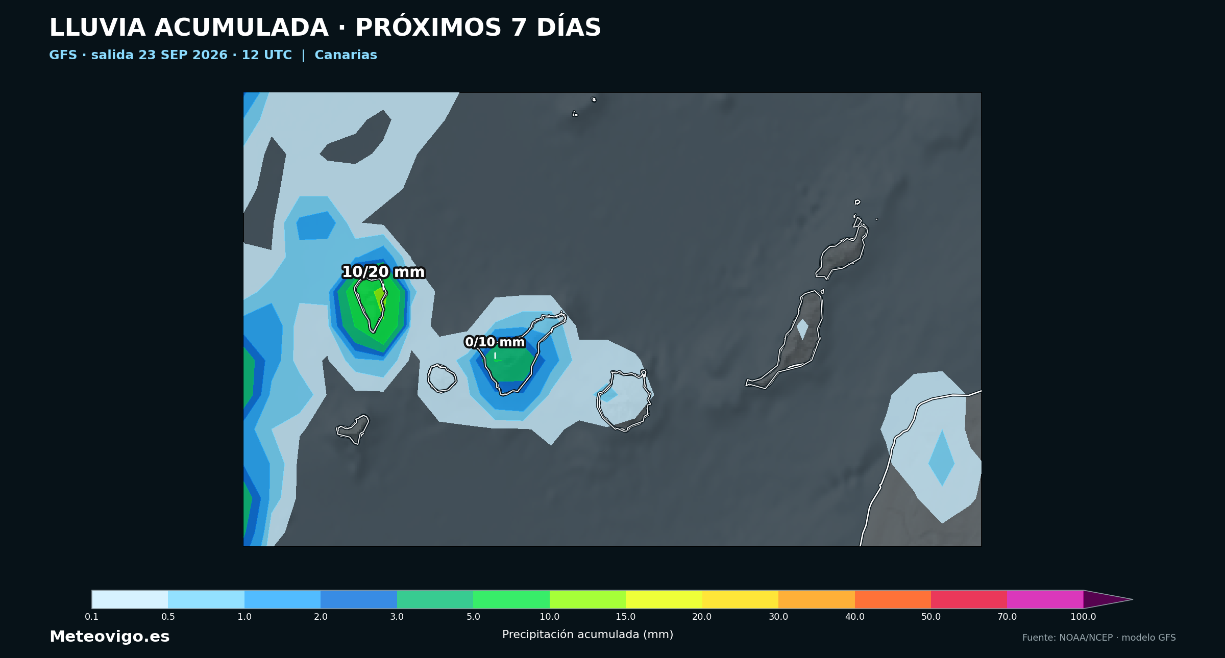 Mapa GFS de la salida de las 12 UTC con las lluvias acumuladas durante los próximos siete días en Canarias