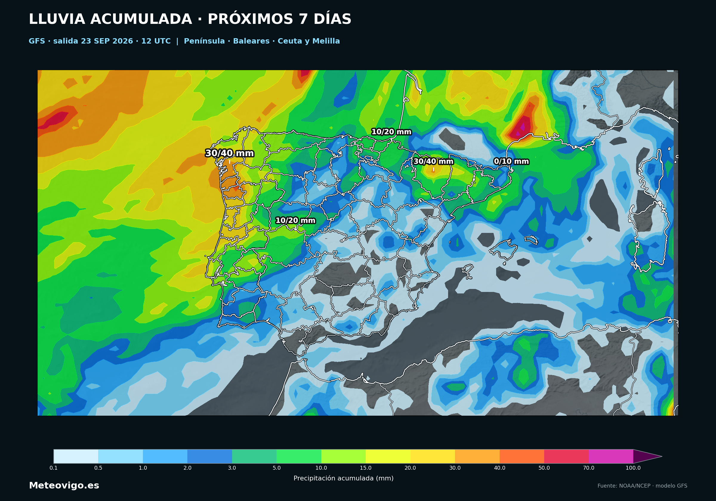 Mapa GFS de la salida de las 12 UTC con las lluvias acumuladas durante los próximos siete días en la Península, Baleares, Ceuta y Melilla