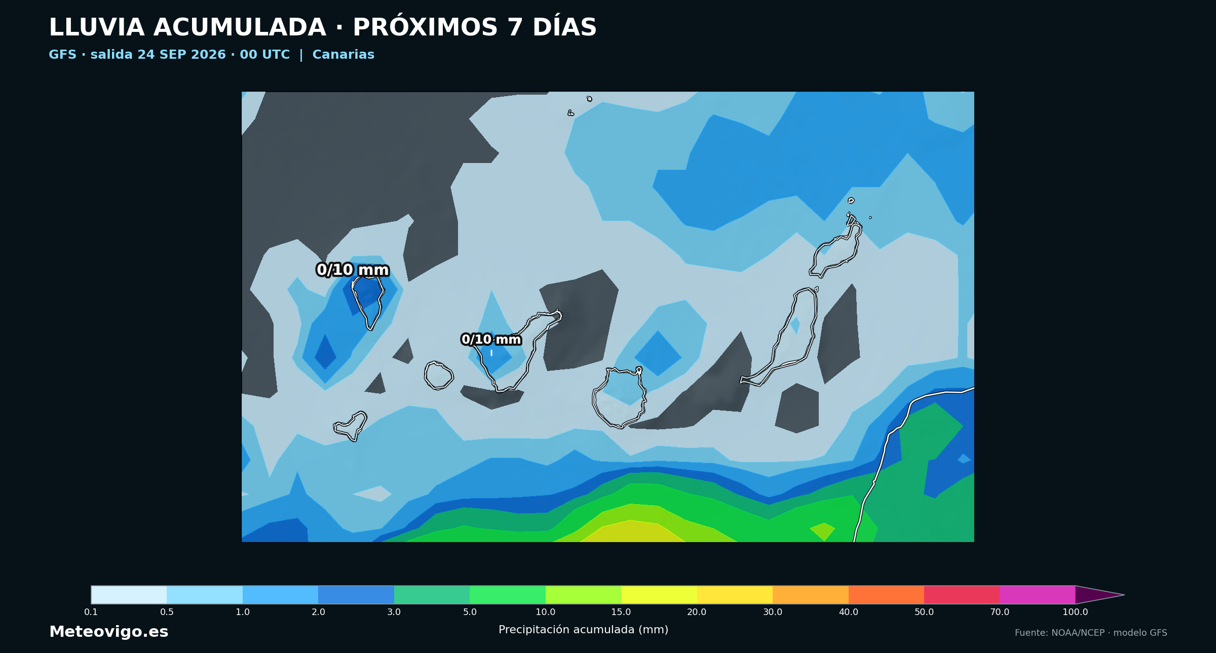 Mapa GFS de la salida de las 00 UTC con las lluvias acumuladas durante los pr&oacute;ximos siete d&iacute;as en Canarias