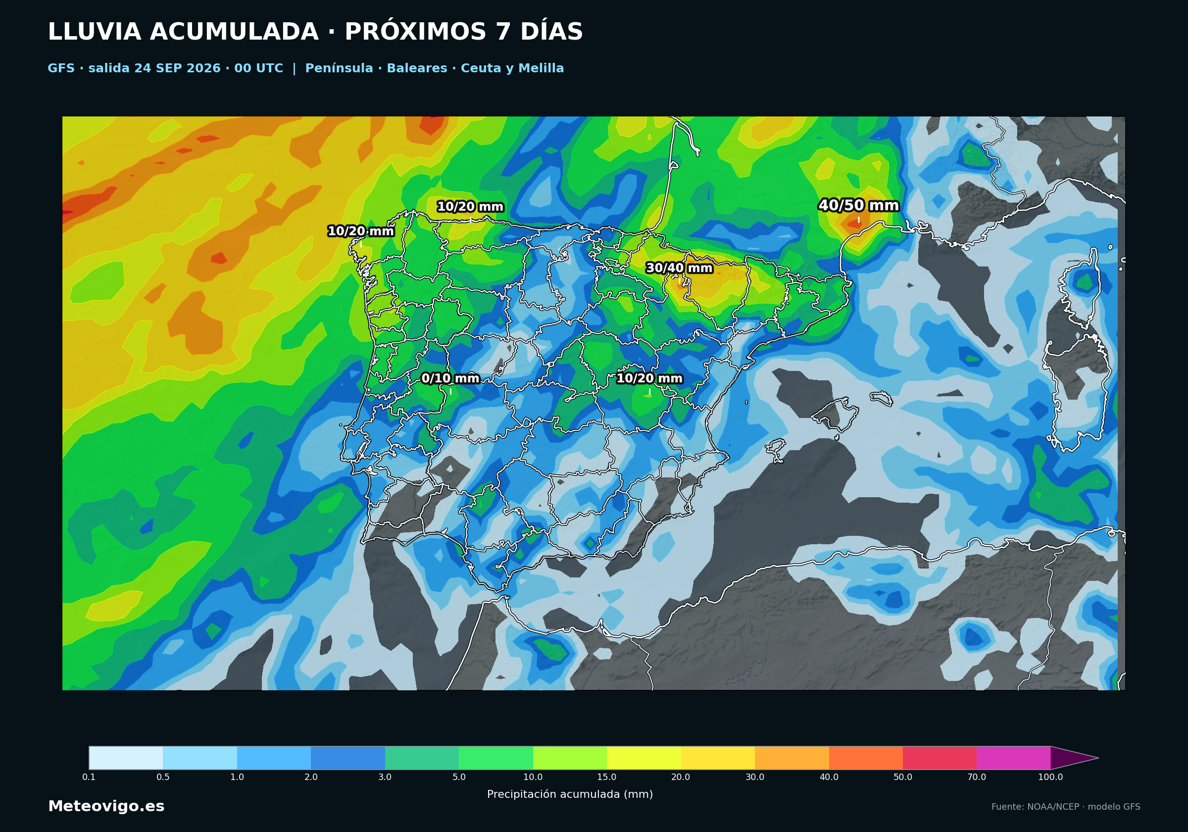Mapa GFS de la salida de las 00 UTC con las lluvias acumuladas durante los pr&oacute;ximos siete d&iacute;as en la Pen&iacute;nsula, Baleares, Ceuta y Melilla