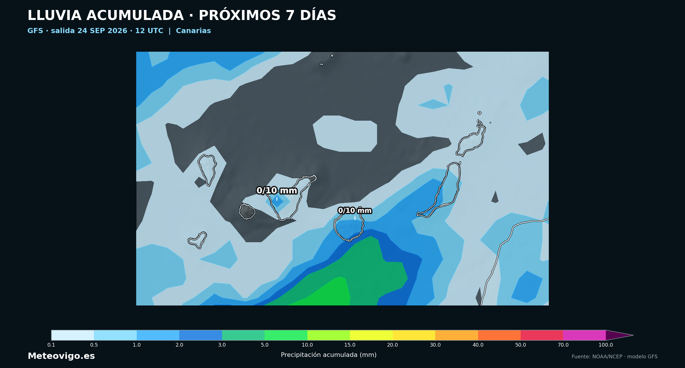 Mapa GFS de la salida de las 12 UTC con las lluvias acumuladas durante los pr&oacute;ximos siete d&iacute;as en Canarias