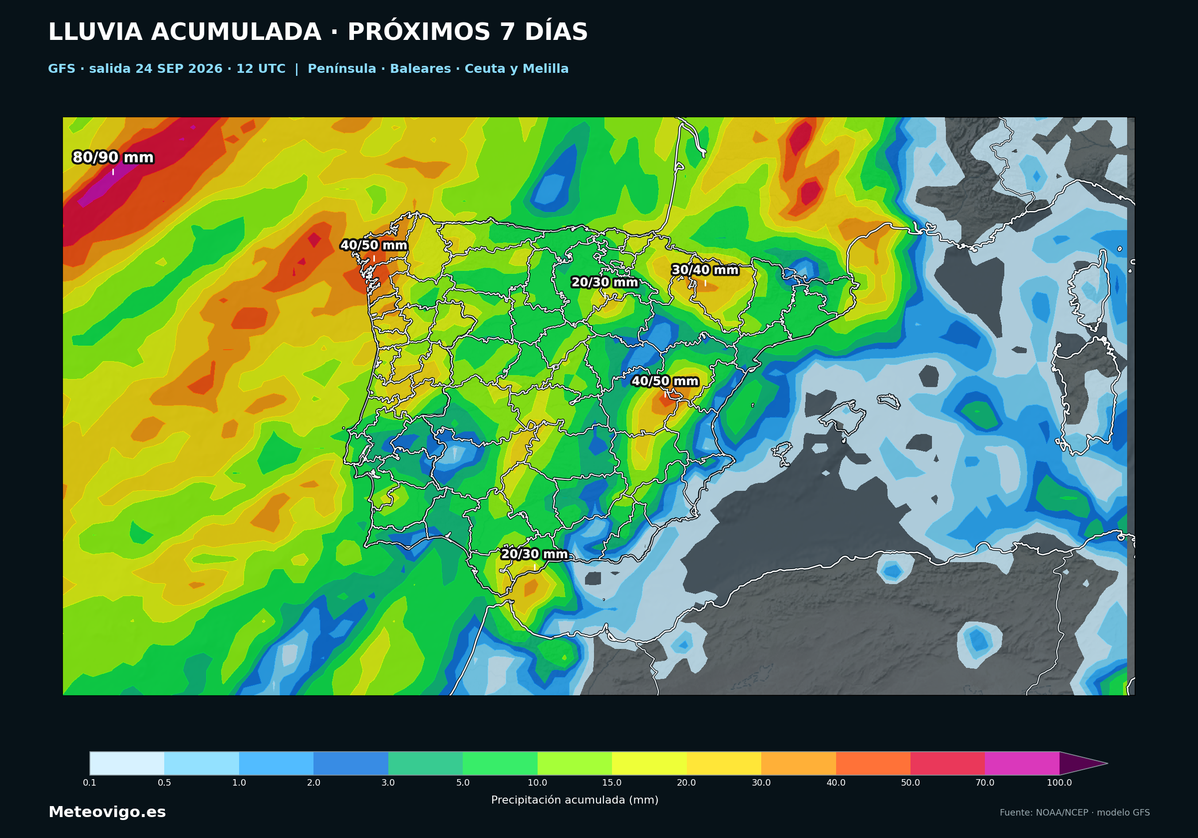 Mapa GFS de la salida de las 12 UTC con las lluvias acumuladas durante los pr&oacute;ximos siete d&iacute;as en la Pen&iacute;nsula, Baleares, Ceuta y Melilla
