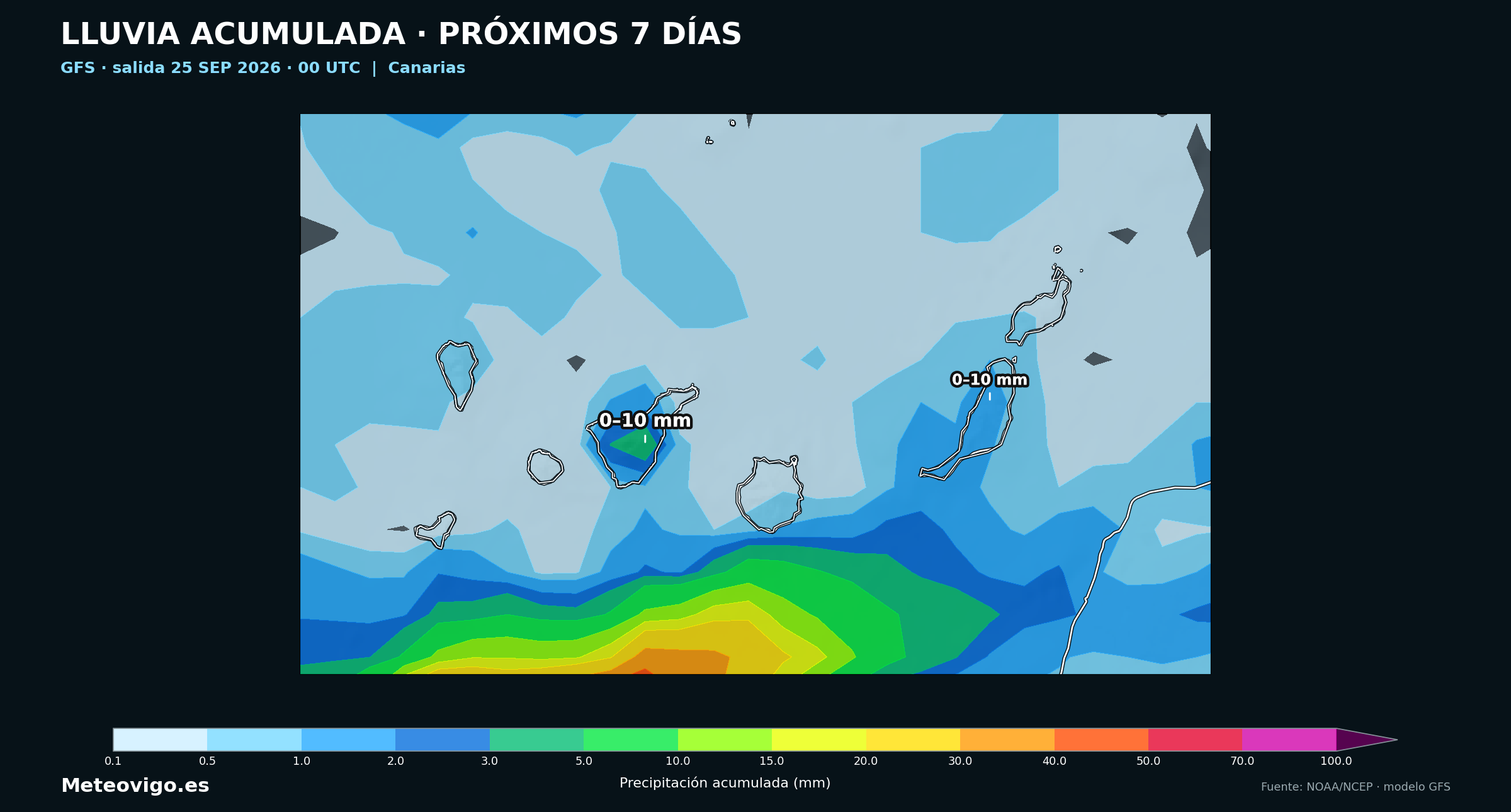 Mapa GFS de la salida de las 00 UTC con las lluvias acumuladas durante los pr&oacute;ximos siete d&iacute;as en Canarias