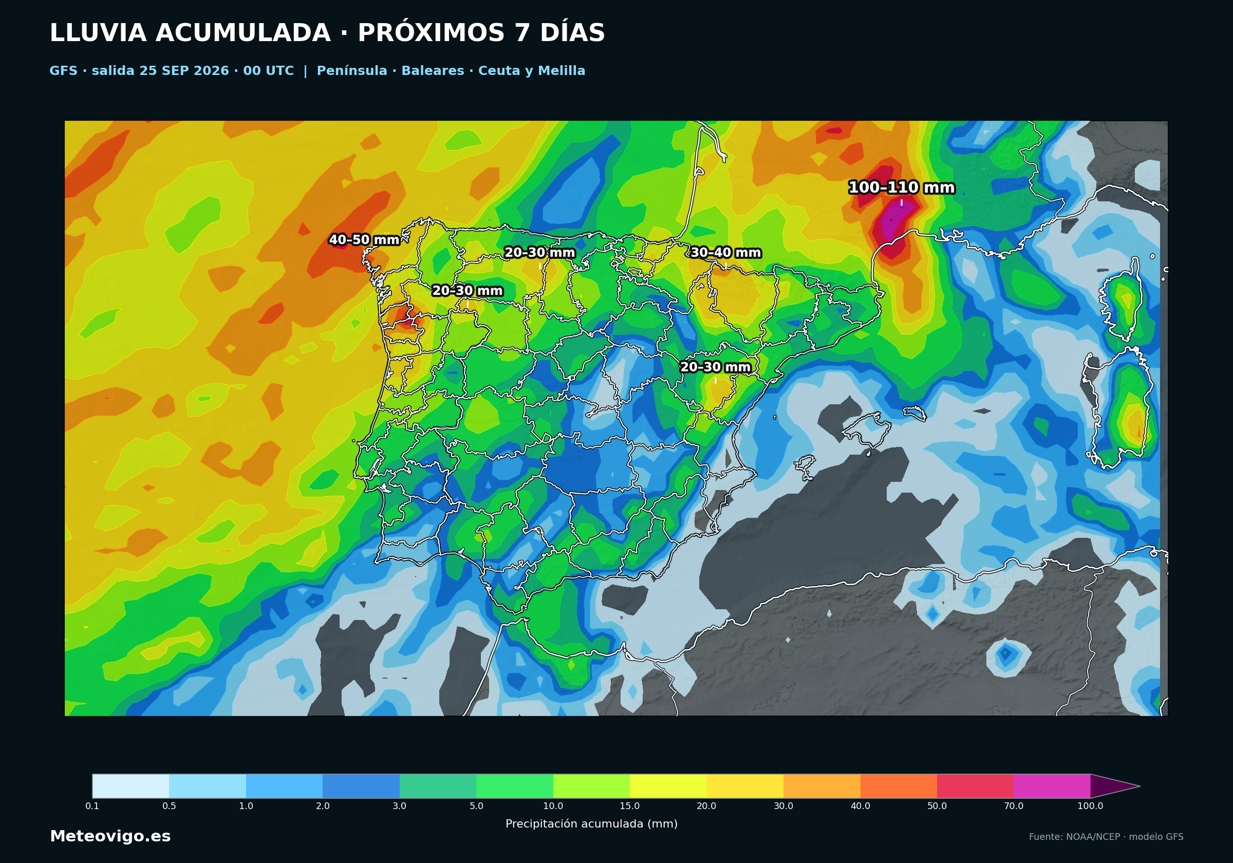 Mapa GFS de la salida de las 00 UTC con las lluvias acumuladas durante los pr&oacute;ximos siete d&iacute;as en la Pen&iacute;nsula, Baleares, Ceuta y Melilla