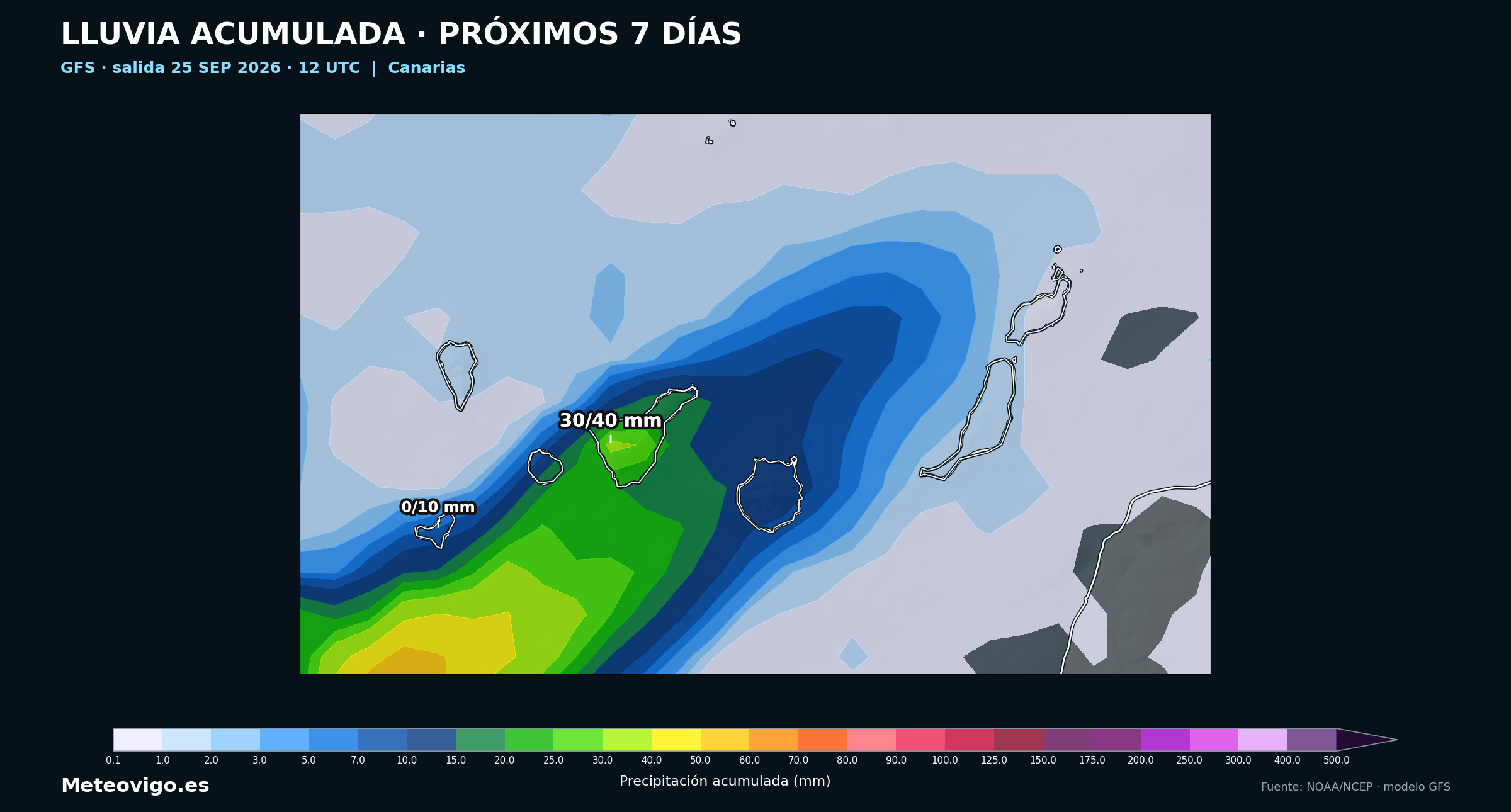 Mapa GFS de la salida de las 12 UTC con las lluvias acumuladas durante los próximos siete días en Canarias