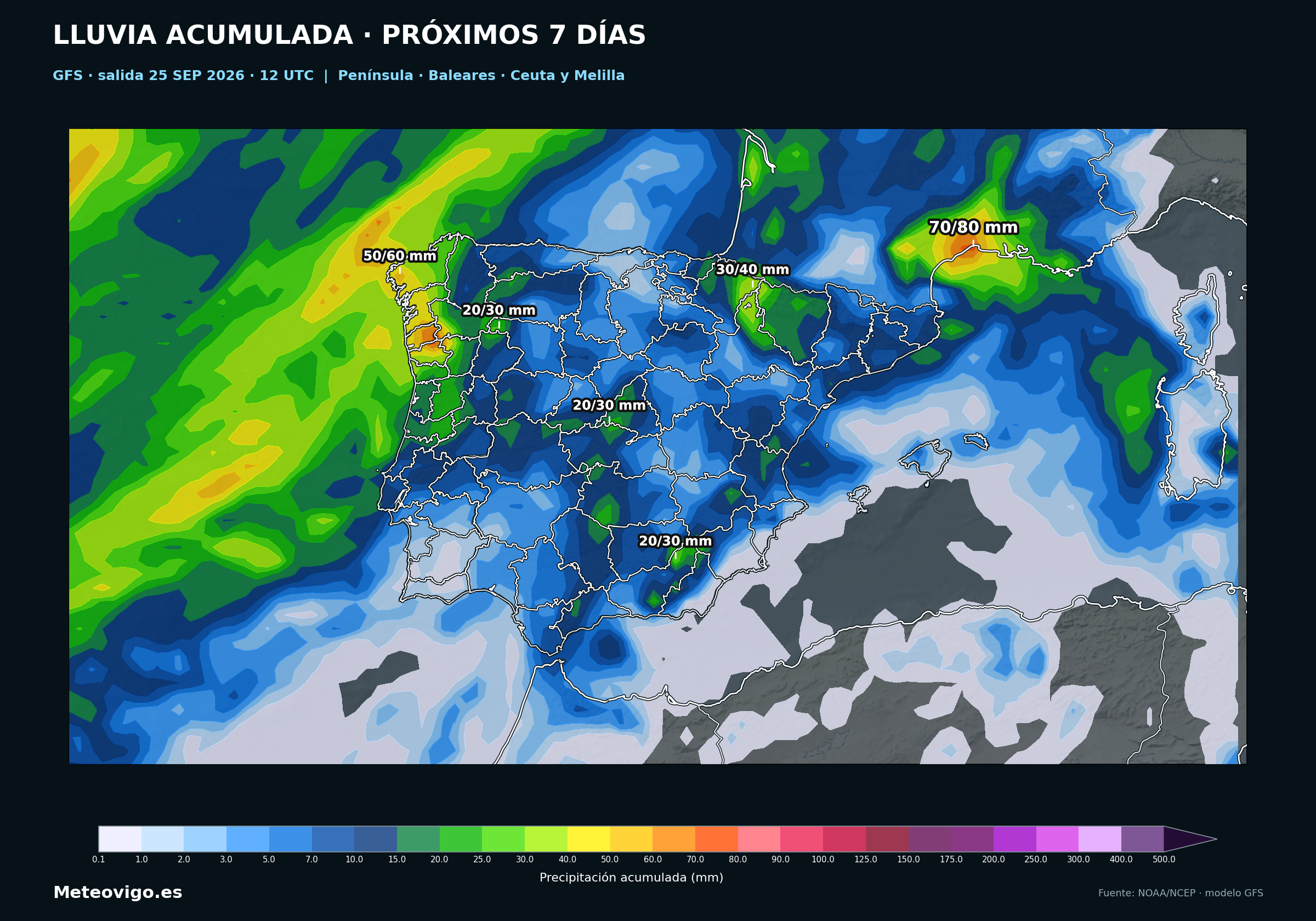 Mapa GFS de la salida de las 12 UTC con las lluvias acumuladas durante los próximos siete días en la Península, Baleares, Ceuta y Melilla