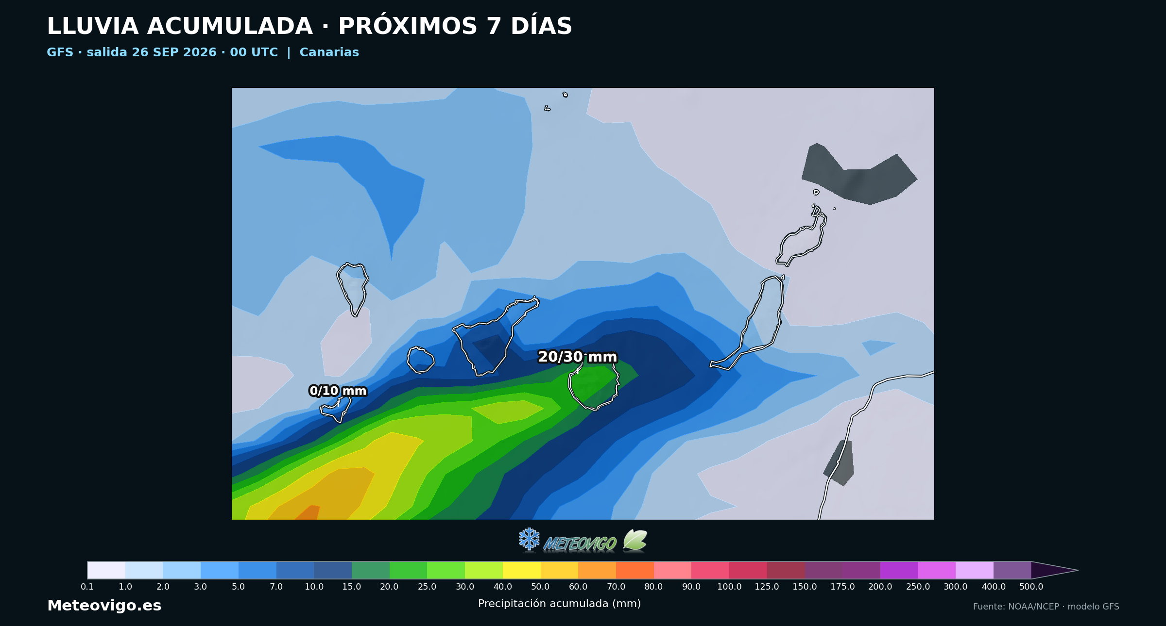 Lluvias acumuladas durante siete días en Canarias según el GFS de las 00 UTC del 26 de septiembre de 2026