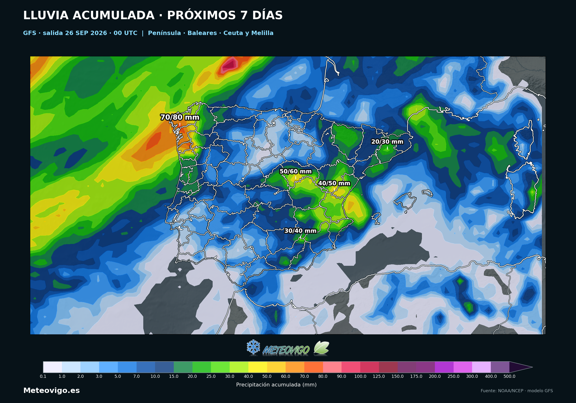 Lluvias acumuladas durante siete días en la Península, Baleares, Ceuta y Melilla según el GFS de las 00 UTC del 26 de septiembre de 2026