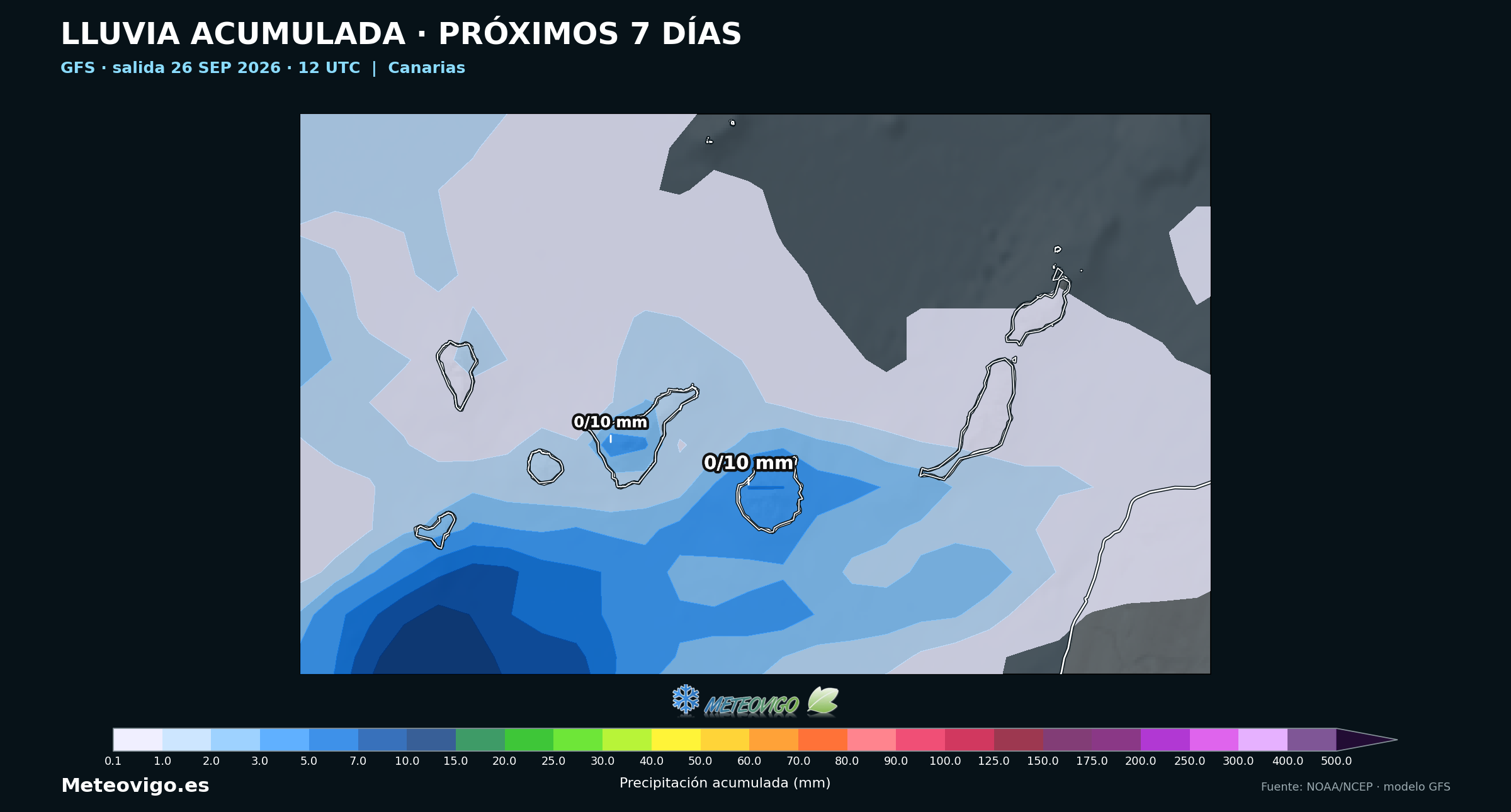 Lluvia acumulada a siete días en Canarias según el GFS de las 12 UTC del 26 de septiembre de 2026