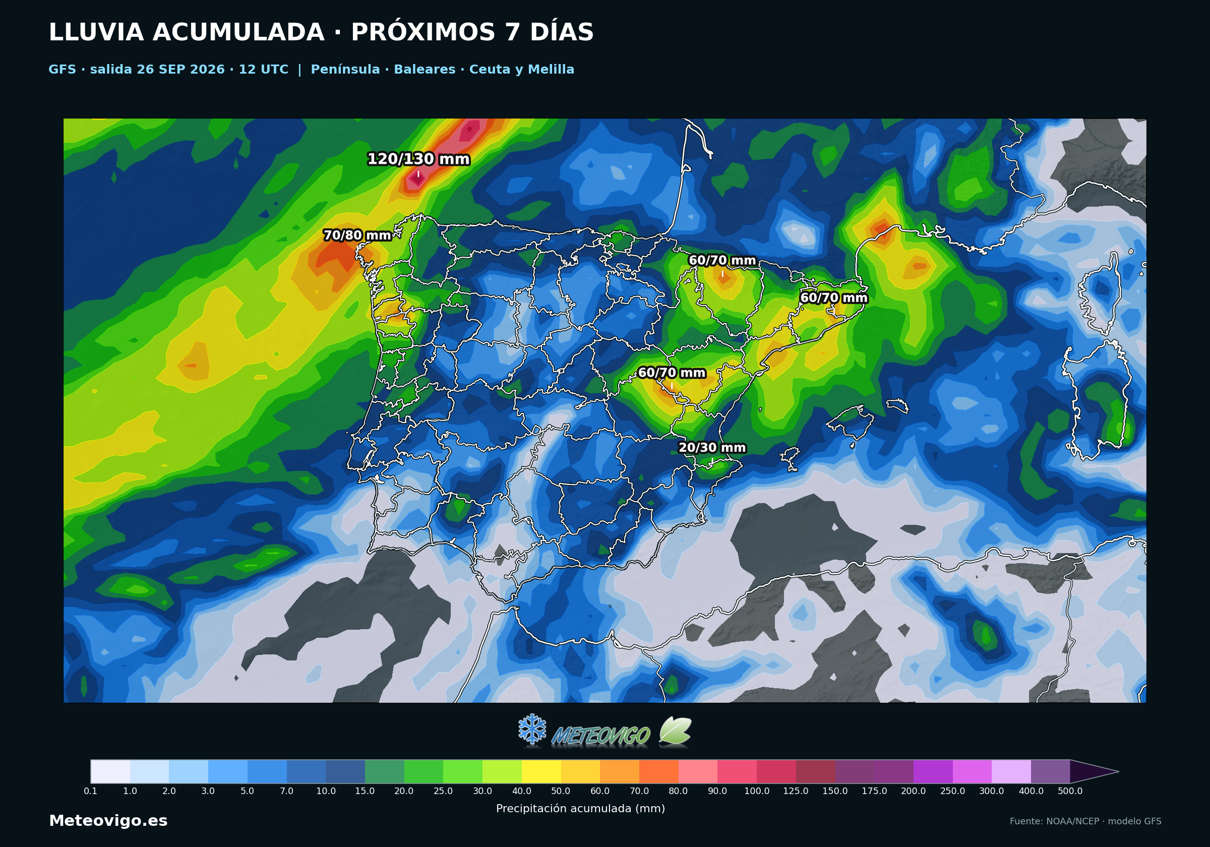 Lluvia acumulada a siete días en la Península, Baleares, Ceuta y Melilla según el GFS de las 12 UTC del 26 de septiembre de 2026