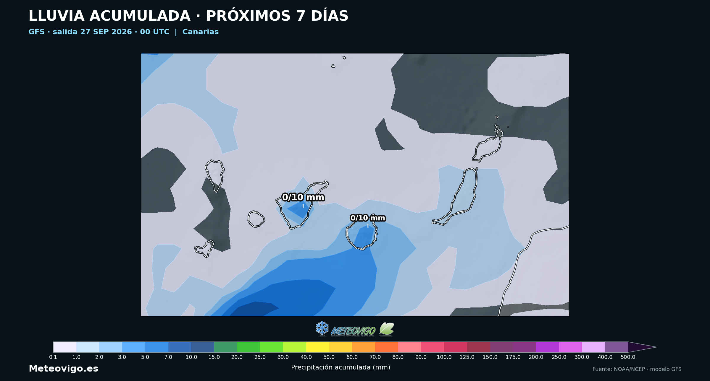 Lluvia acumulada durante siete días en Canarias según el GFS de las 00 UTC del 27 de septiembre de 2026