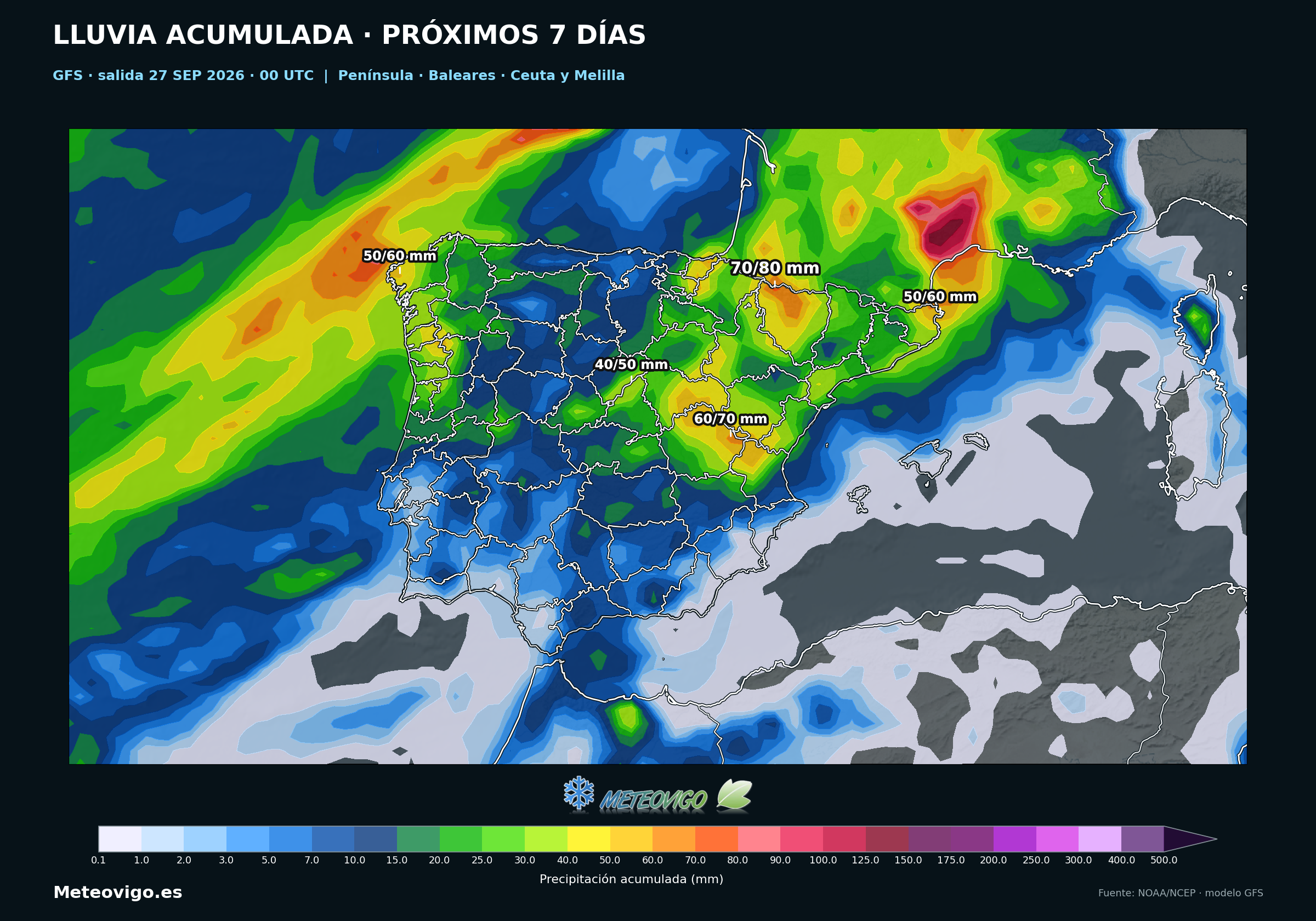 Lluvia acumulada durante siete días en la Península, Baleares, Ceuta y Melilla según el GFS de las 00 UTC del 27 de septiembre de 2026