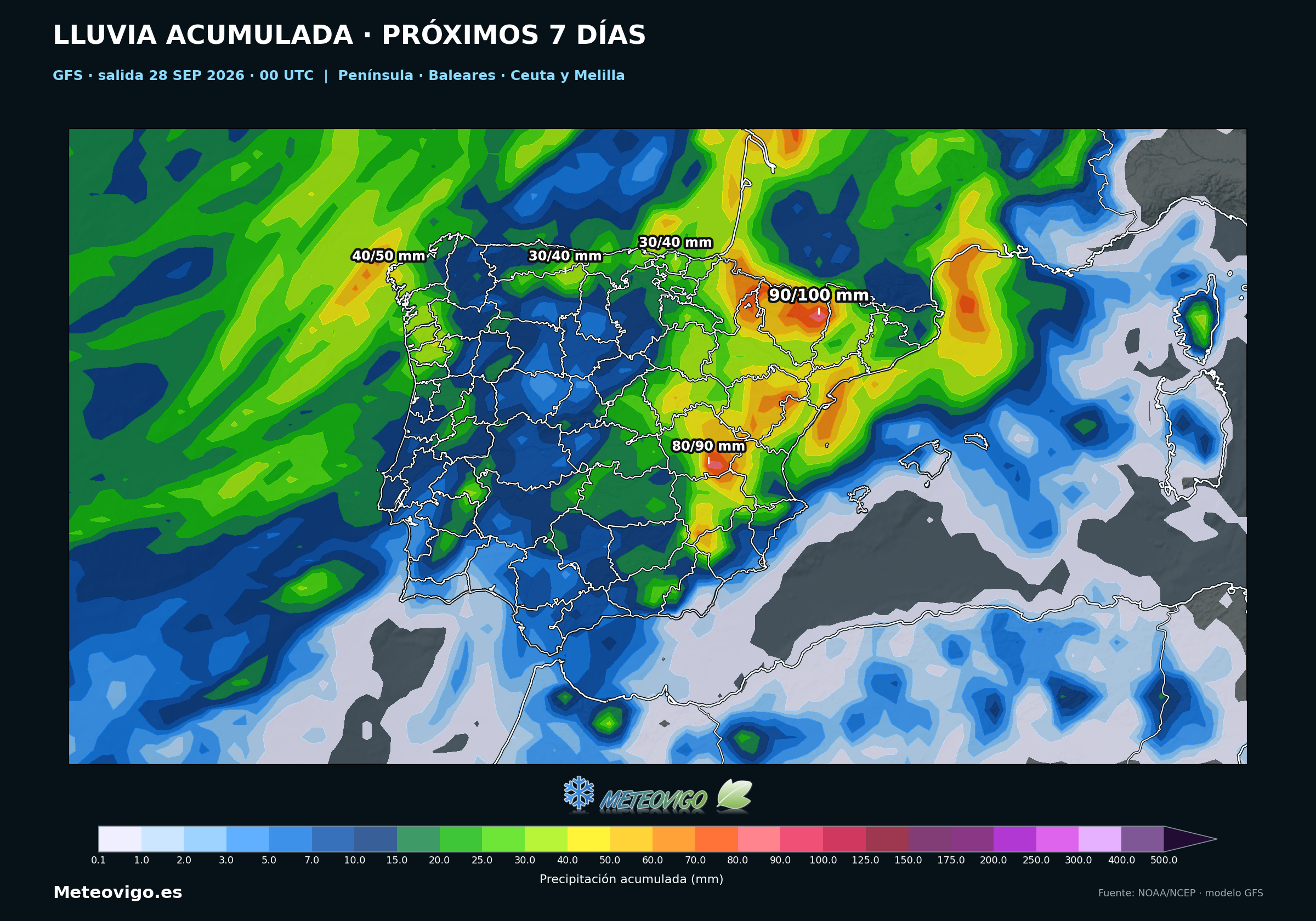 Lluvia acumulada durante siete días en la Península, Baleares, Ceuta y Melilla según el GFS de las 00 UTC del 28 de septiembre de 2026