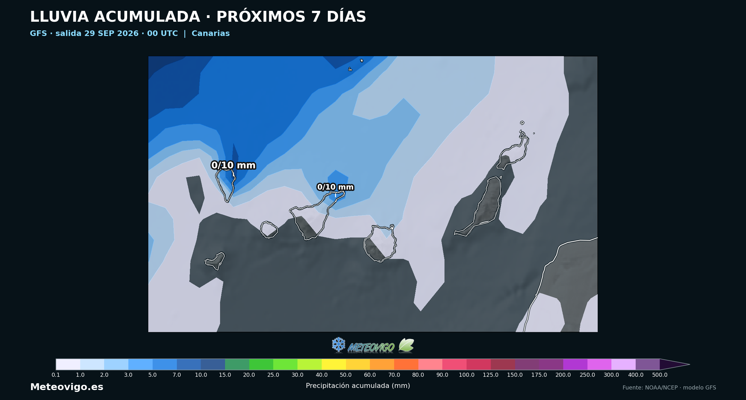 Lluvia acumulada en siete días según el GFS de las 00 UTC del 29 de septiembre de 2026 en Canarias