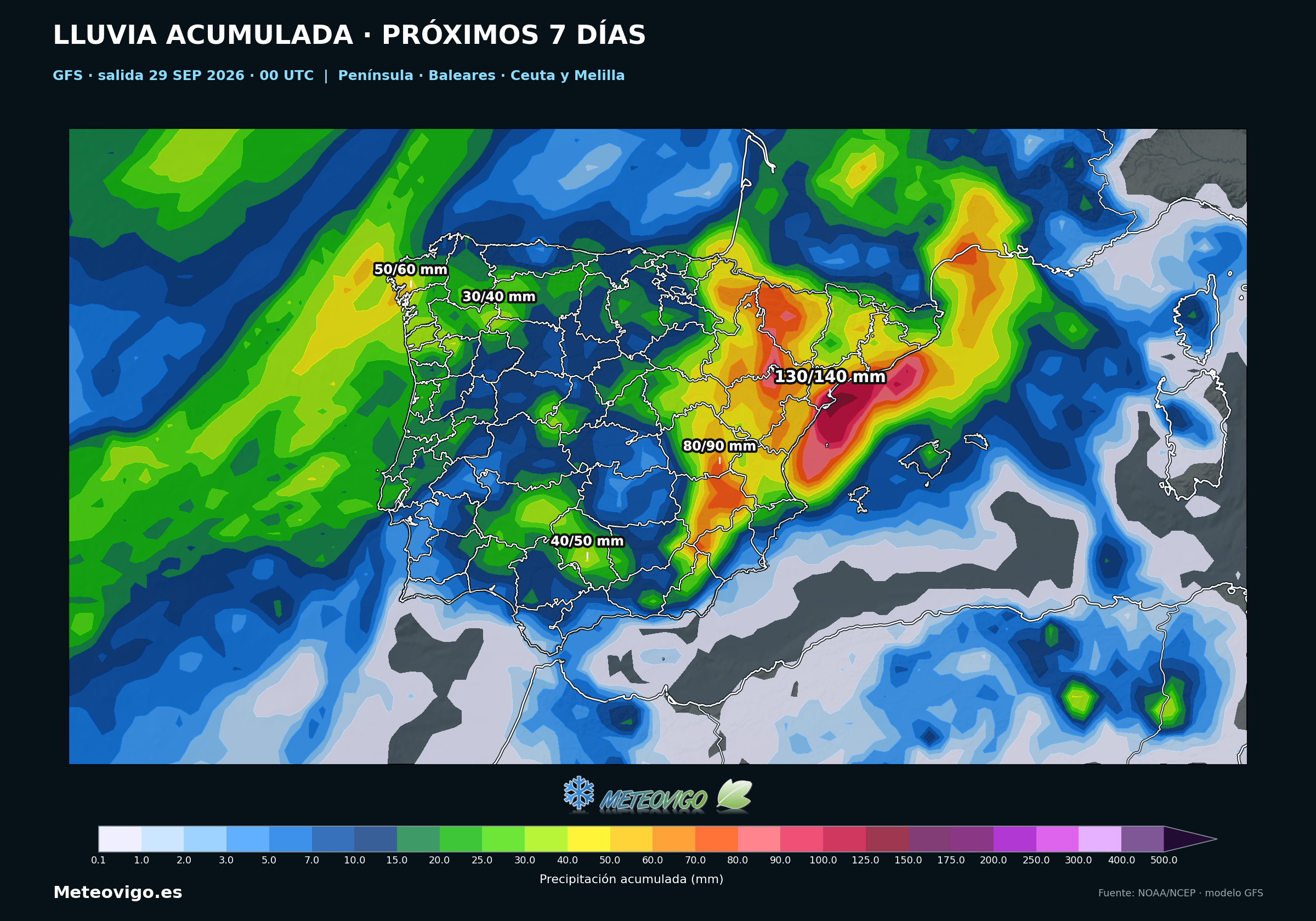 Lluvia acumulada en siete días según el GFS de las 00 UTC del 29 de septiembre de 2026 en la Península, Baleares, Ceuta y Melilla