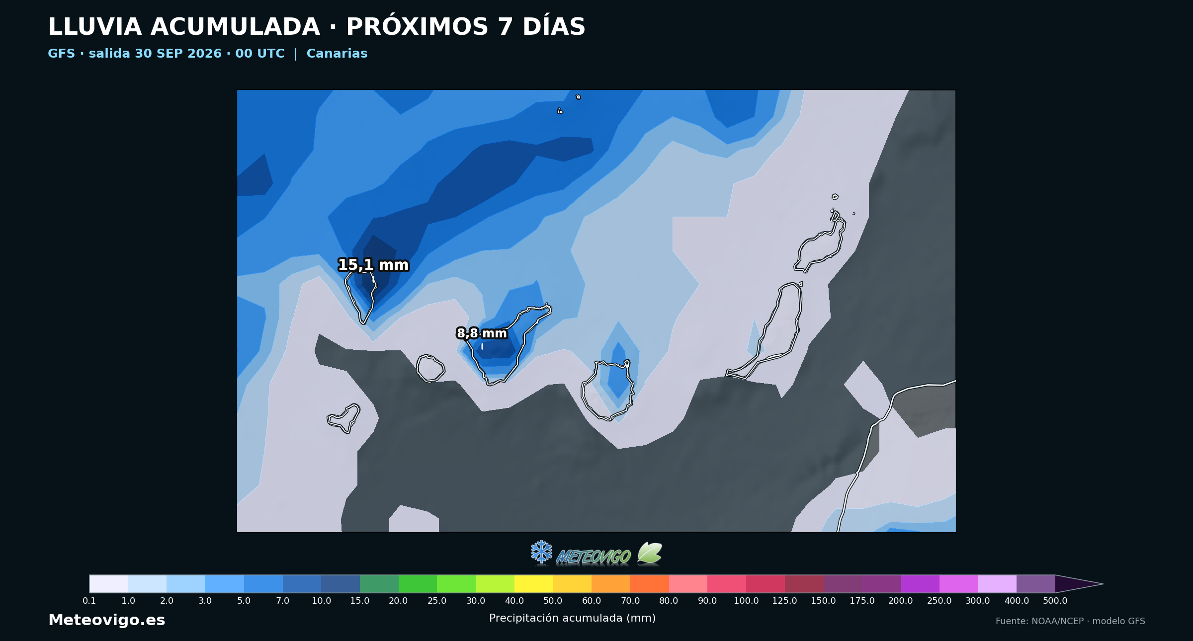 Lluvia acumulada en siete d&iacute;as seg&uacute;n la salida GFS de las 00 UTC del 30 de septiembre de 2026 en Canarias