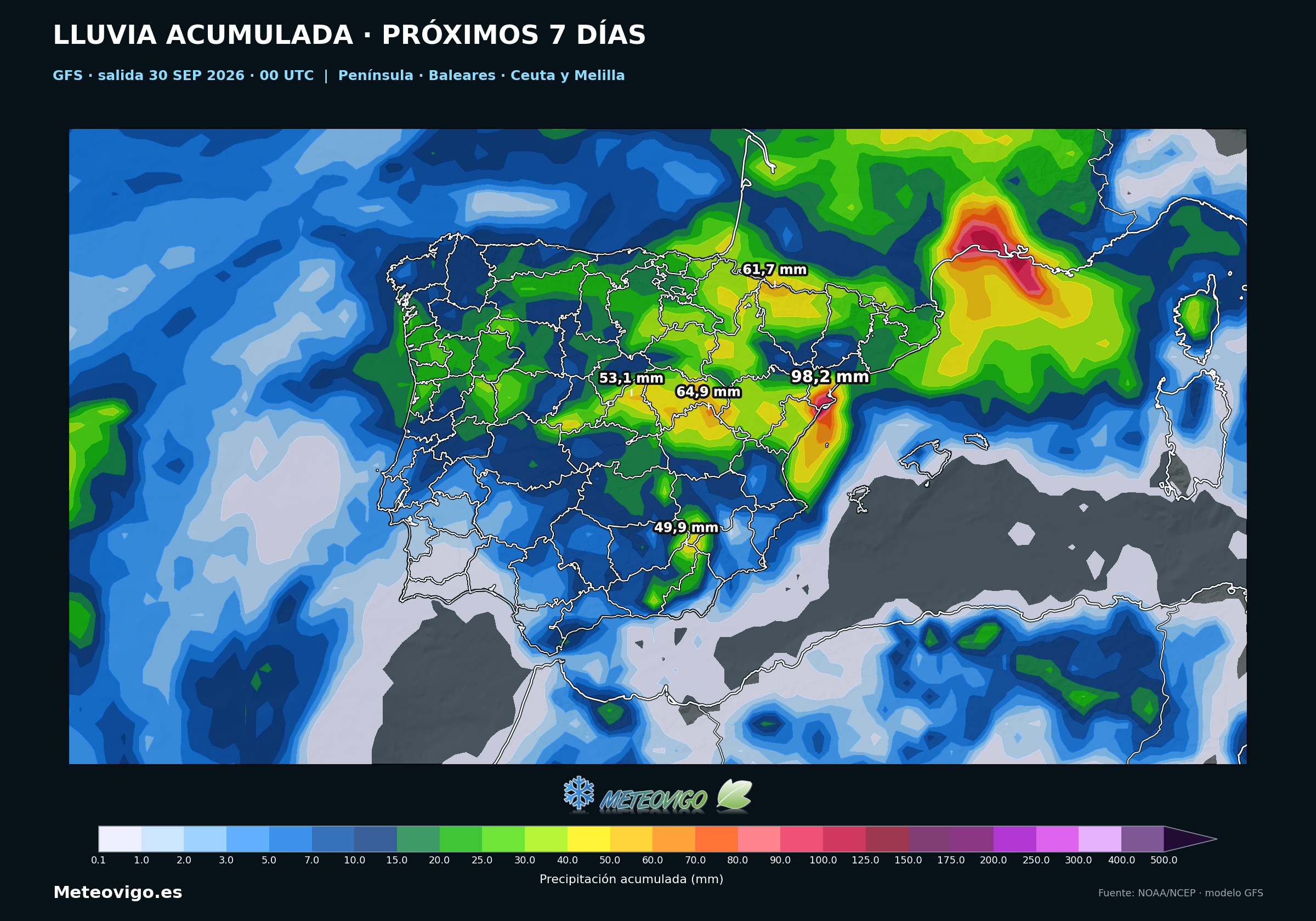 Lluvia acumulada en siete d&iacute;as seg&uacute;n la salida GFS de las 00 UTC del 30 de septiembre de 2026 en la Pen&iacute;nsula, Baleares, Ceuta y Melilla