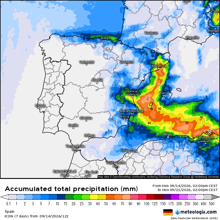 Precipitación acumulada prevista por el modelo alemán ICON durante los próximos siete días en la Península y Baleares