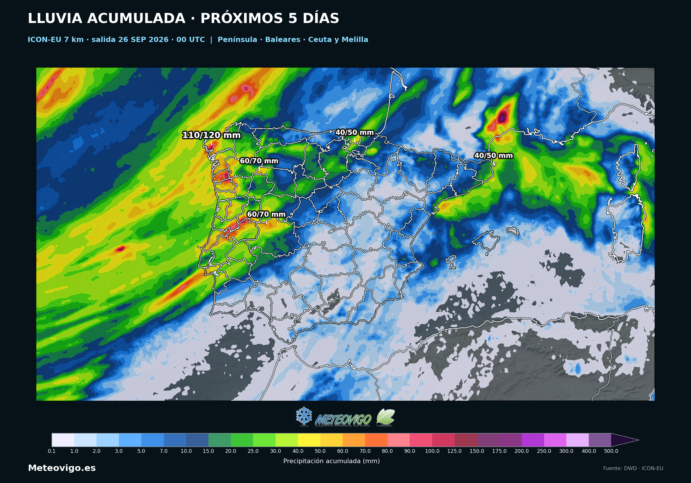 Lluvias acumuladas en los primeros cinco días según ICON-EU de 7 km, salida del 26 de septiembre a las 00 UTC