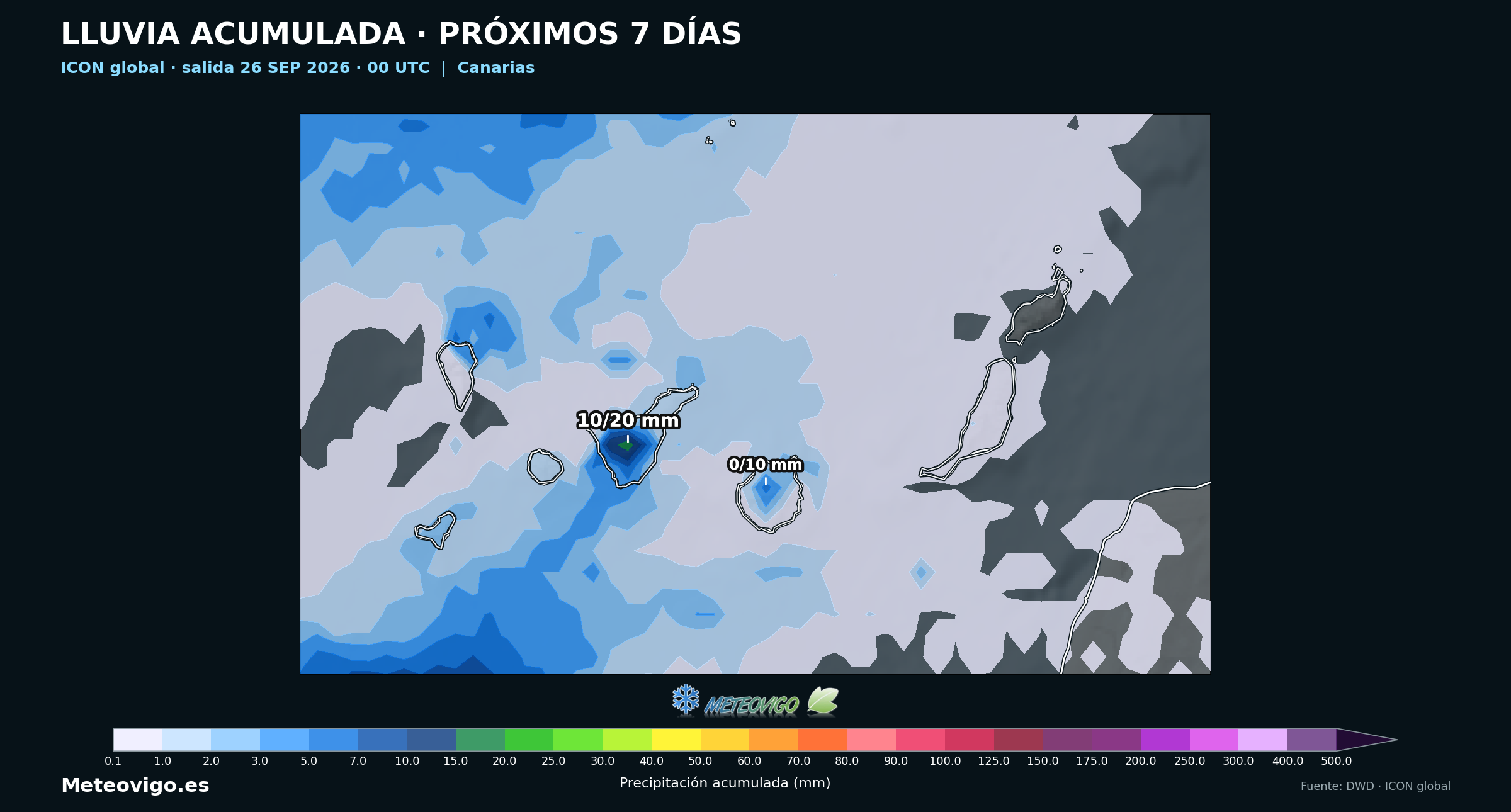 Lluvias acumuladas durante siete días en Canarias según ICON global