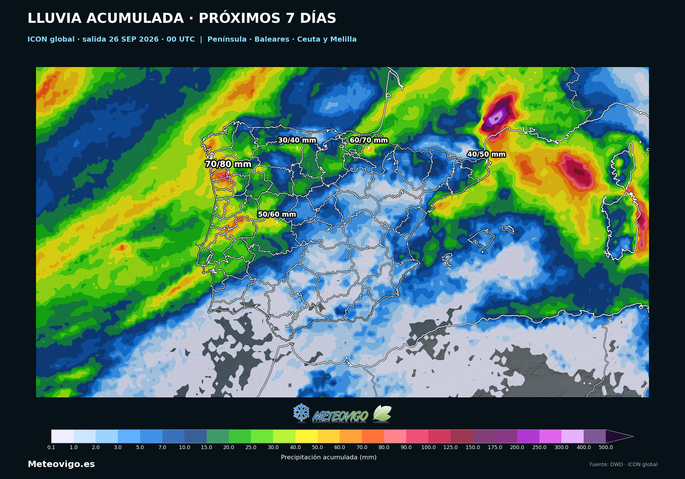 Lluvias acumuladas durante siete días en la Península, Baleares, Ceuta y Melilla según ICON global, salida del 26 de septiembre a las 00 UTC