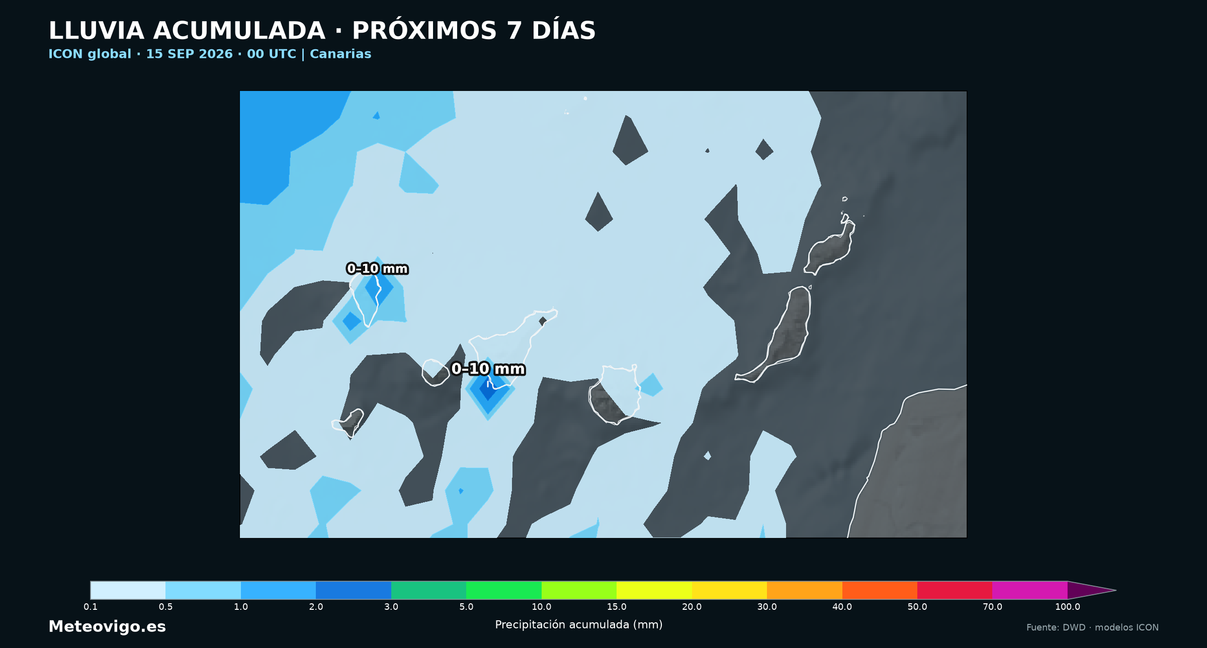 Mapa del modelo alemán ICON global con las lluvias acumuladas en Canarias durante los próximos siete días