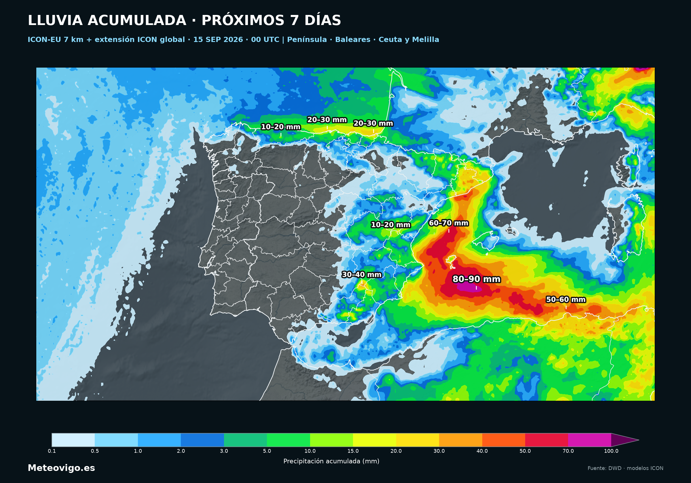 Mapa del modelo alem&aacute;n ICON con las lluvias acumuladas en la Pen&iacute;nsula, Baleares, Ceuta y Melilla durante los pr&oacute;ximos siete d&iacute;as