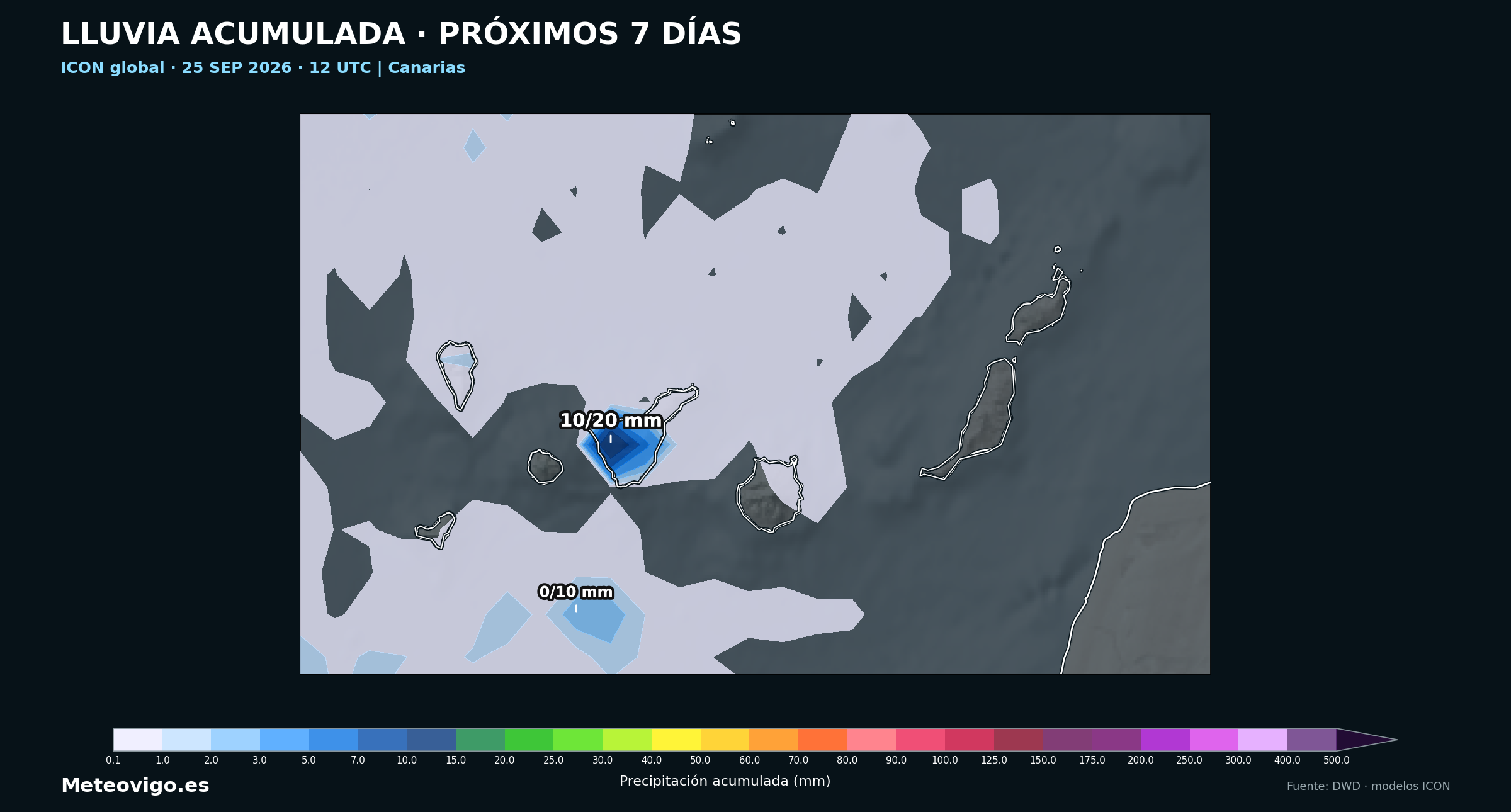 Mapa del modelo ICON global con las lluvias acumuladas durante los pr&oacute;ximos siete d&iacute;as en Canarias