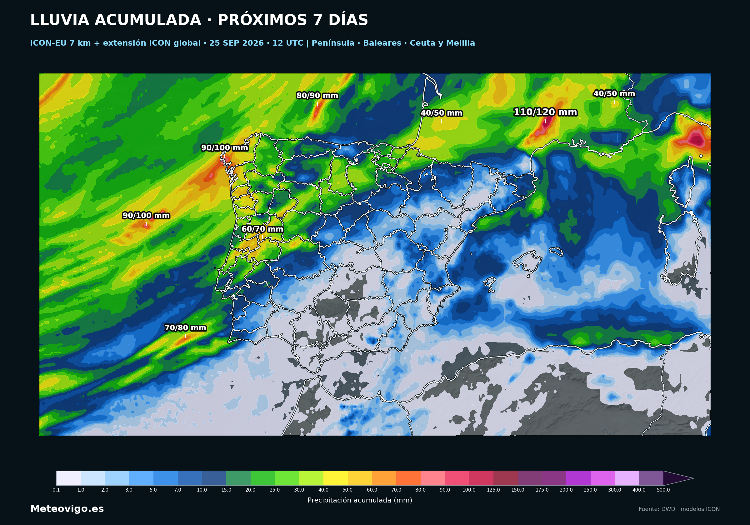 Mapa del modelo alem&aacute;n ICON con las lluvias acumuladas durante los pr&oacute;ximos siete d&iacute;as en la Pen&iacute;nsula, Baleares, Ceuta y Melilla