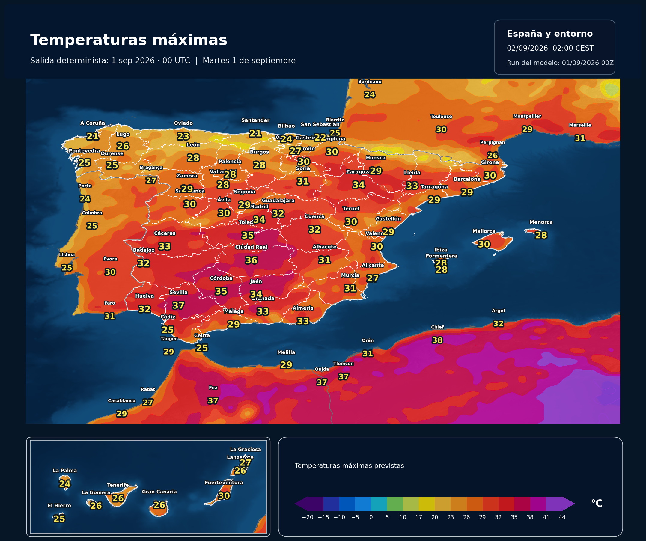 Temperaturas máximas previstas en España para el martes 1 de septiembre según el modelo europeo