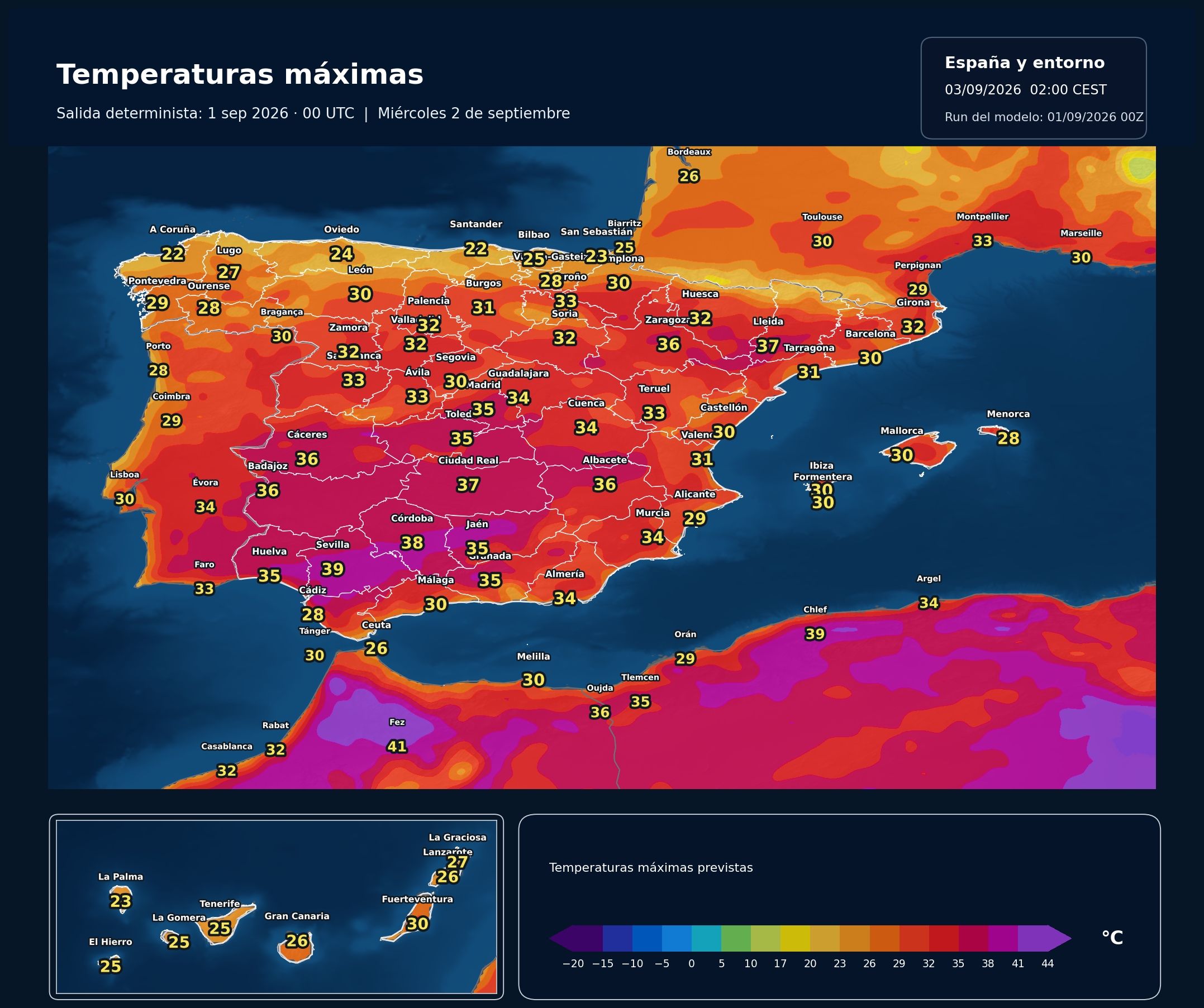 Temperaturas máximas previstas en España para el miércoles 2 de septiembre según el modelo europeo