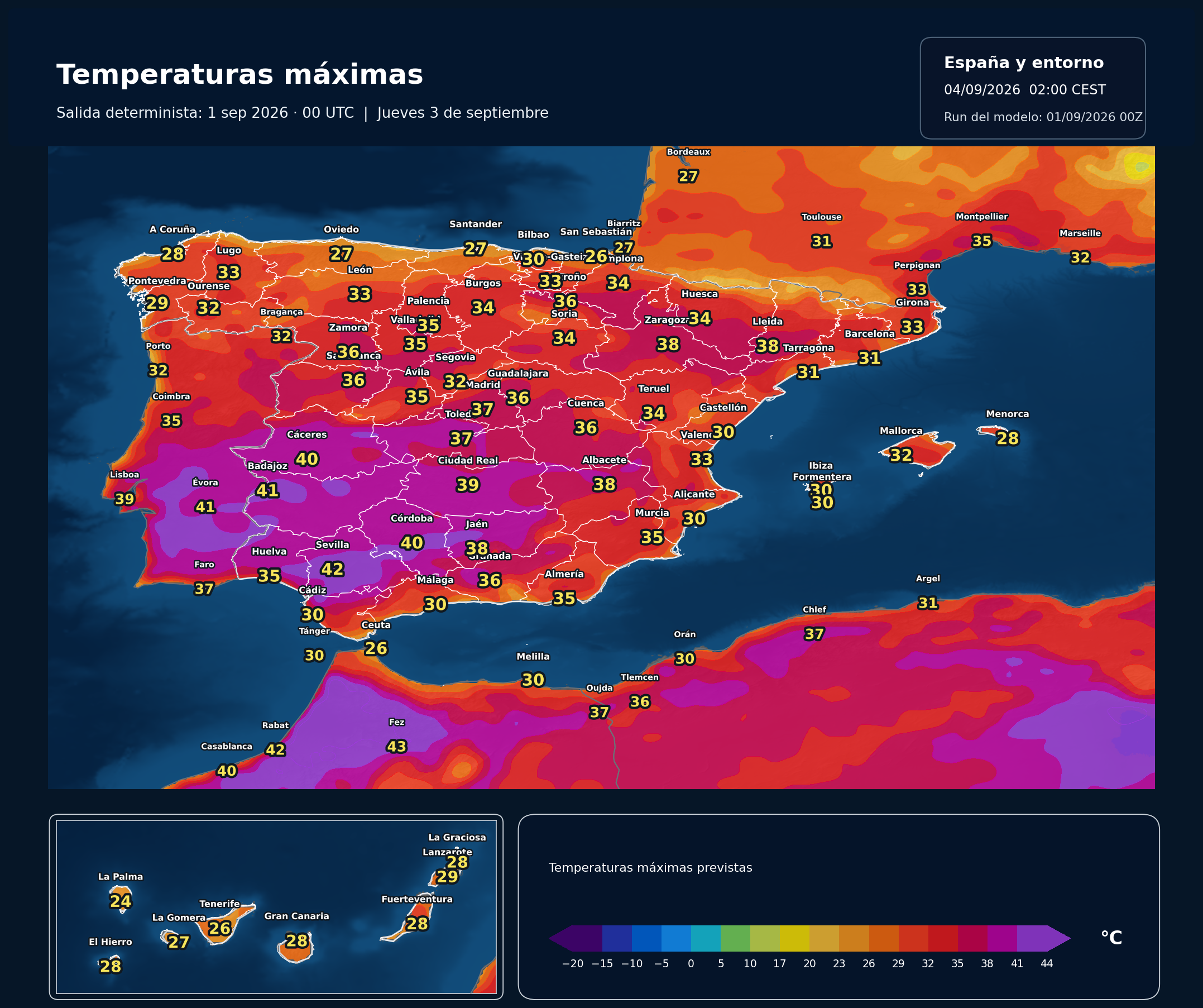 Temperaturas máximas previstas en España para el jueves 3 de septiembre según el modelo europeo