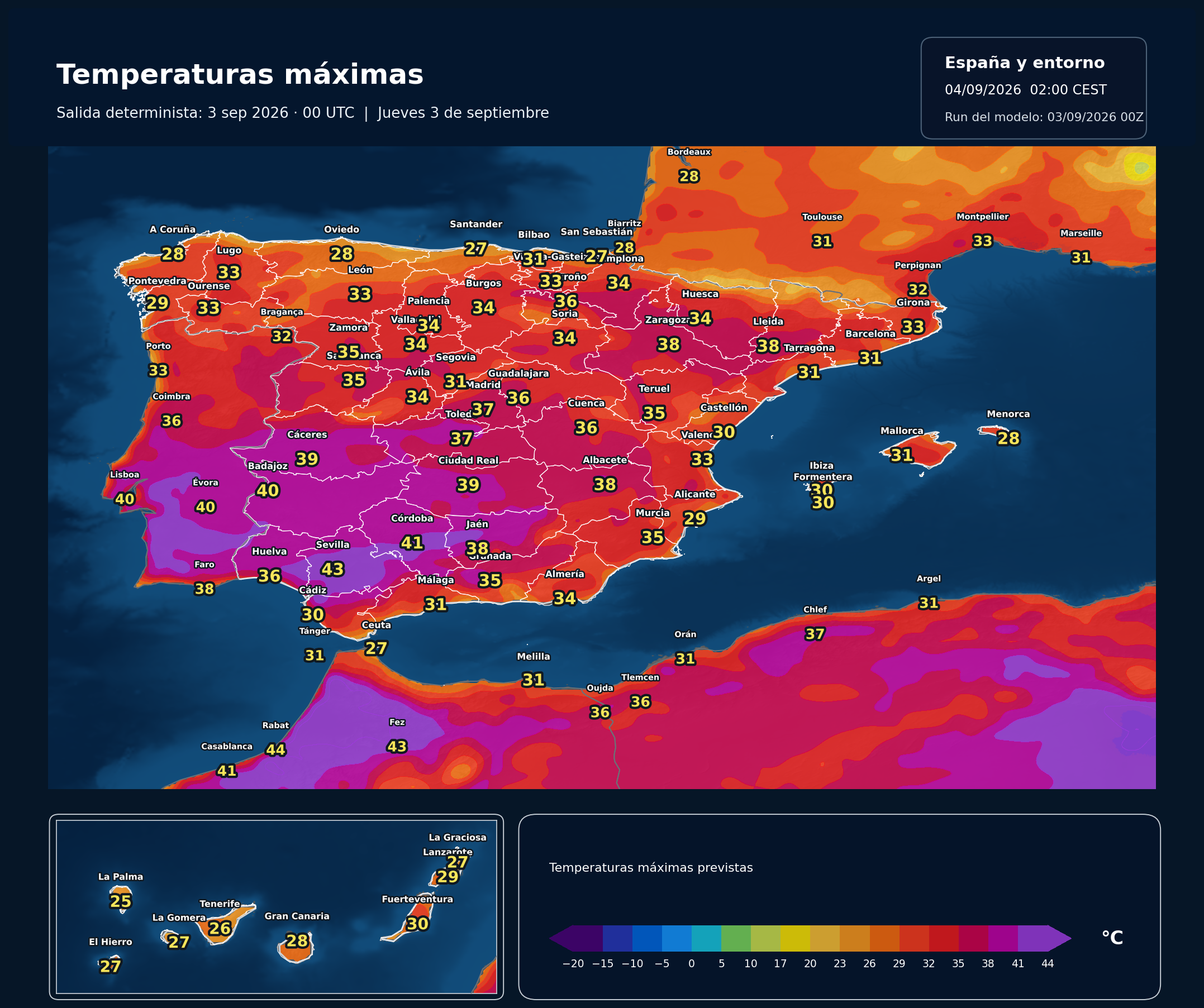 Temperaturas m&aacute;ximas previstas en Espa&ntilde;a para el jueves 3 de septiembre seg&uacute;n el modelo europeo
